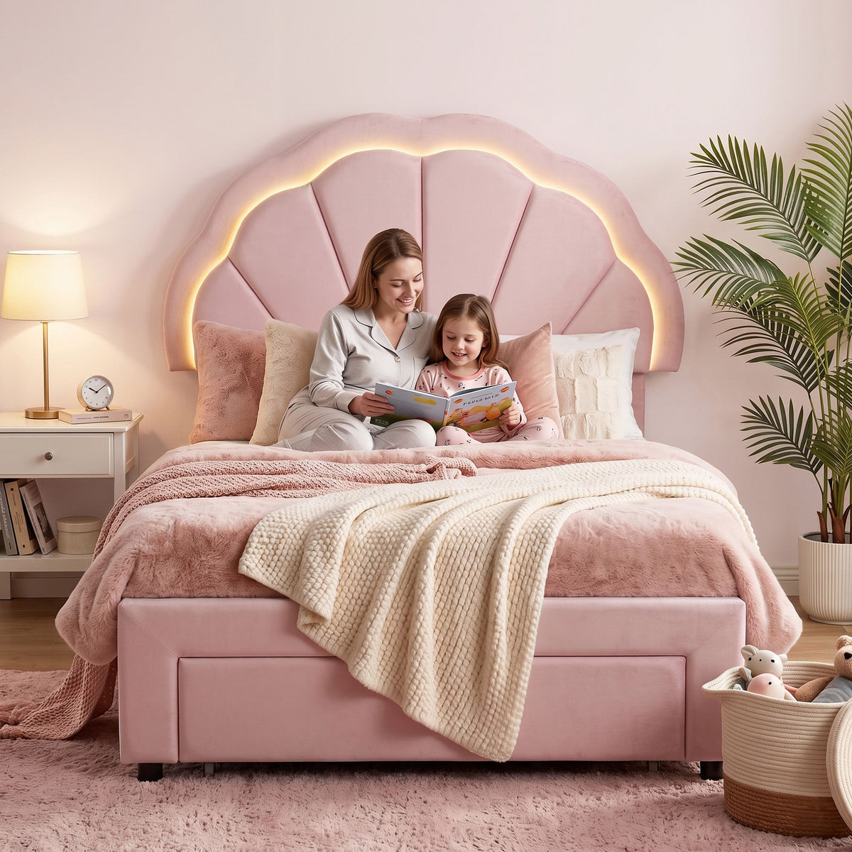 Artiss King Single Velvet Bed Frame Storage Drawer Shell LED Headboard Pink