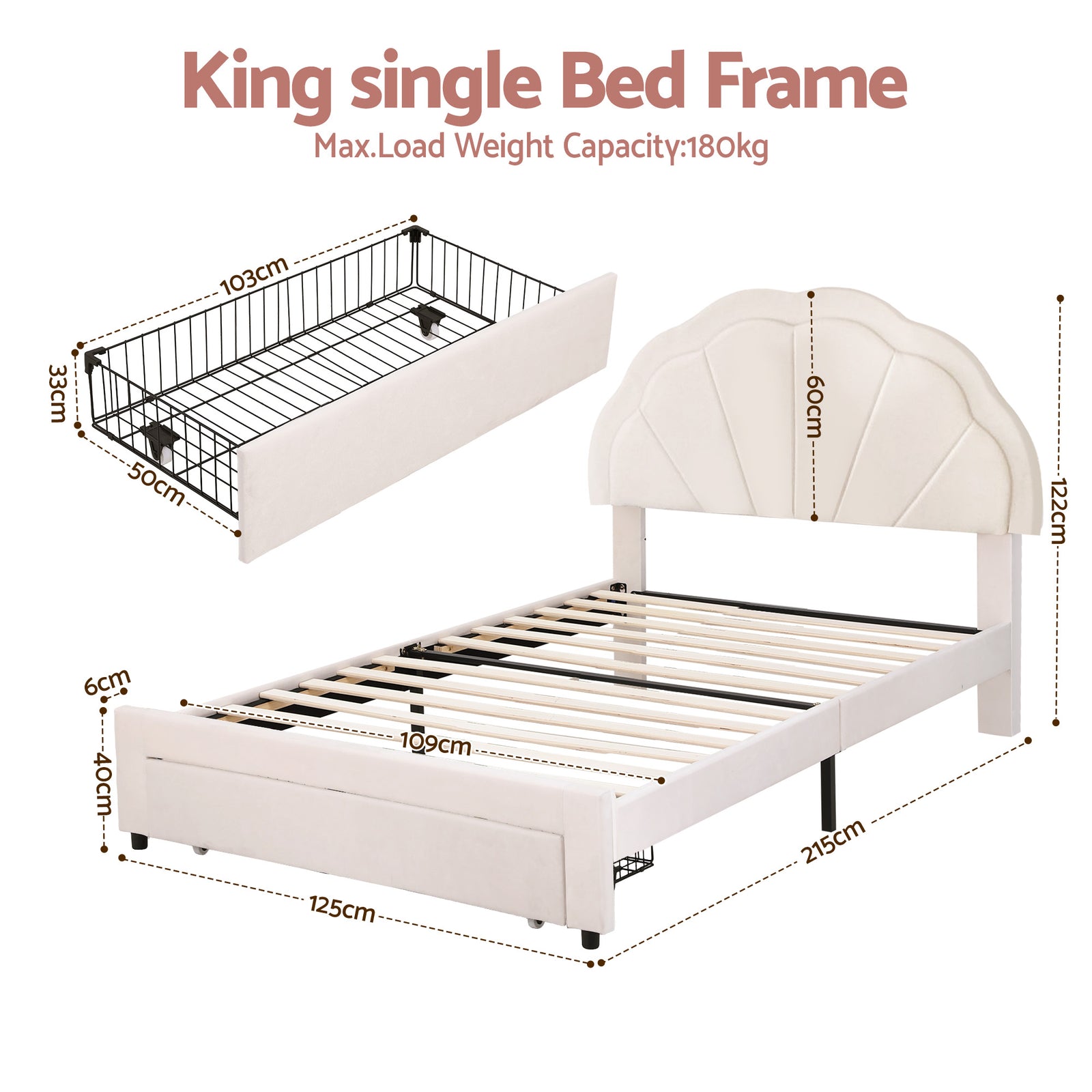 King Single Bed Frame with Storage Drawer Upholstered Velvet Platform Bed LED Headboard