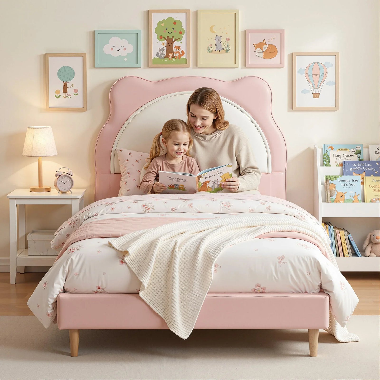 King Single Pink Kids Bed Frame for Girls Bedroom Cute Animal Upholstered