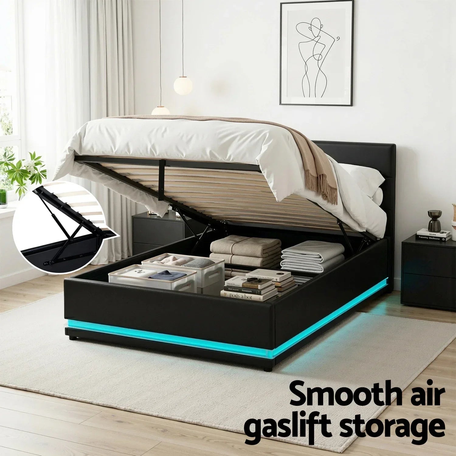 Bed Frame King Single Size LED Gas Lift Black LUMI