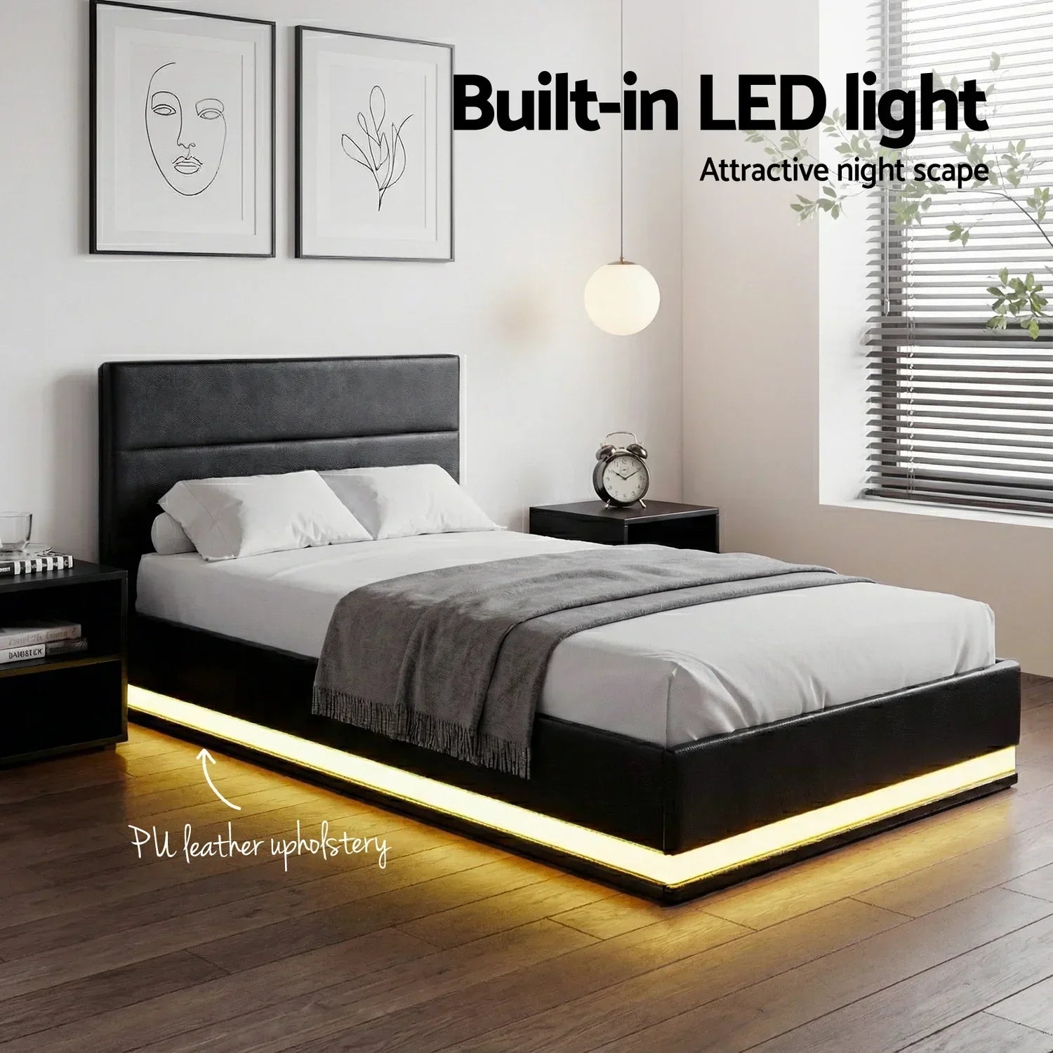 Bed Frame King Single Size LED Gas Lift Black LUMI