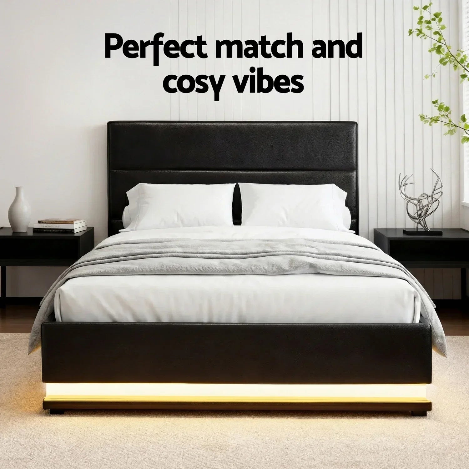 Bed Frame King Single Size LED Gas Lift Black LUMI