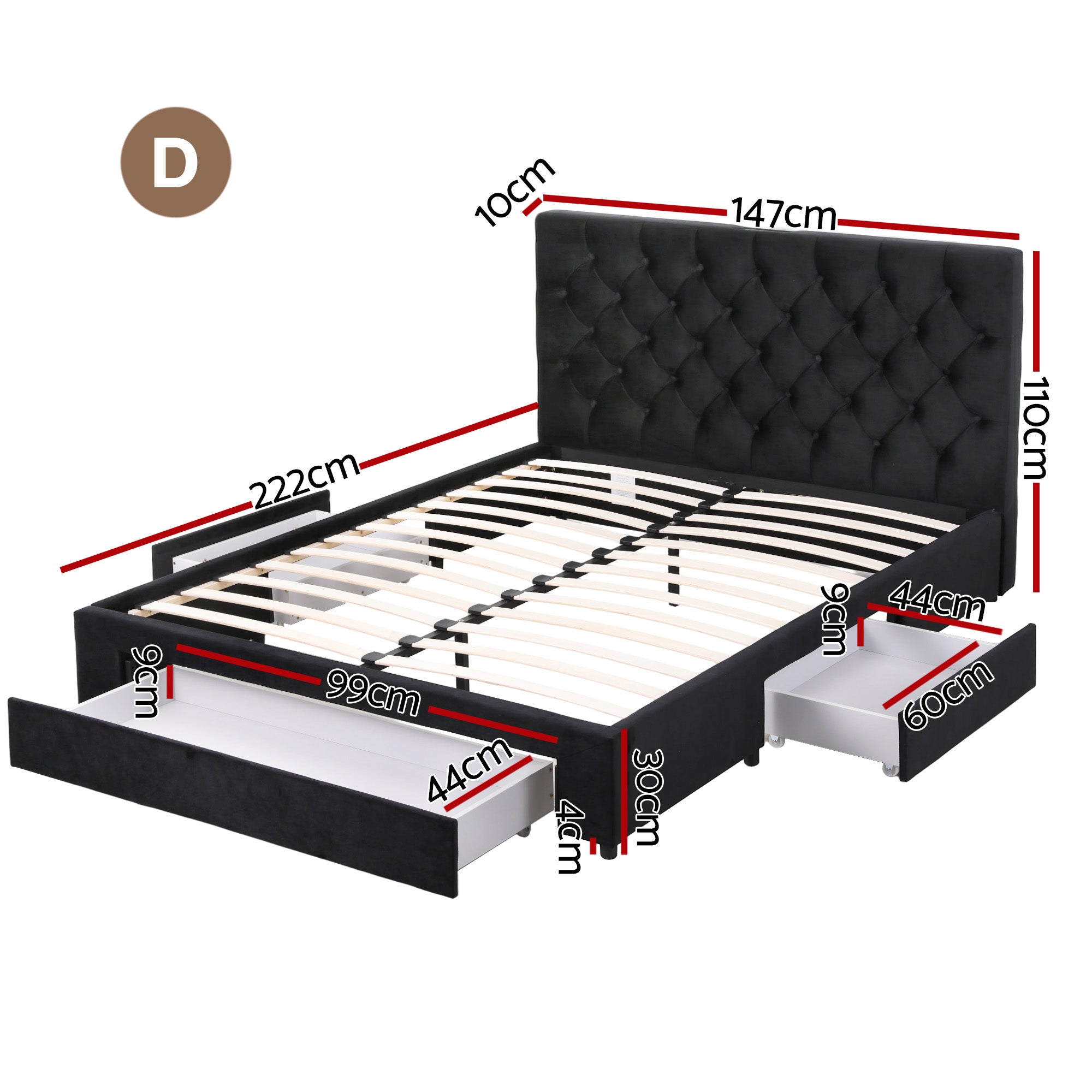 Double Bed Frame Storage Charging Station Upholstered 3 Drawers USB Type-C