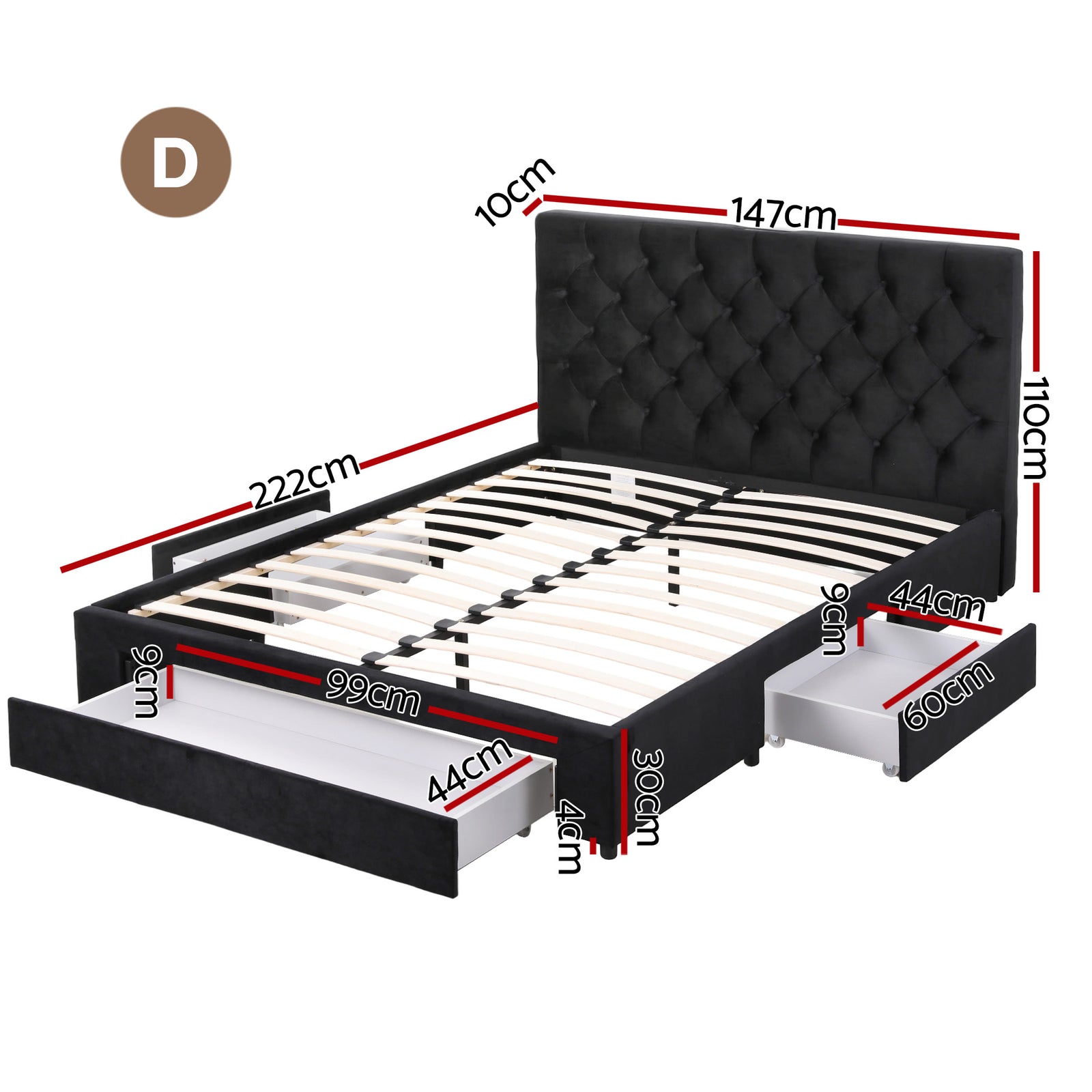 Double Bed Frame Storage Charging Station Upholstered 3 Drawers USB Type-C