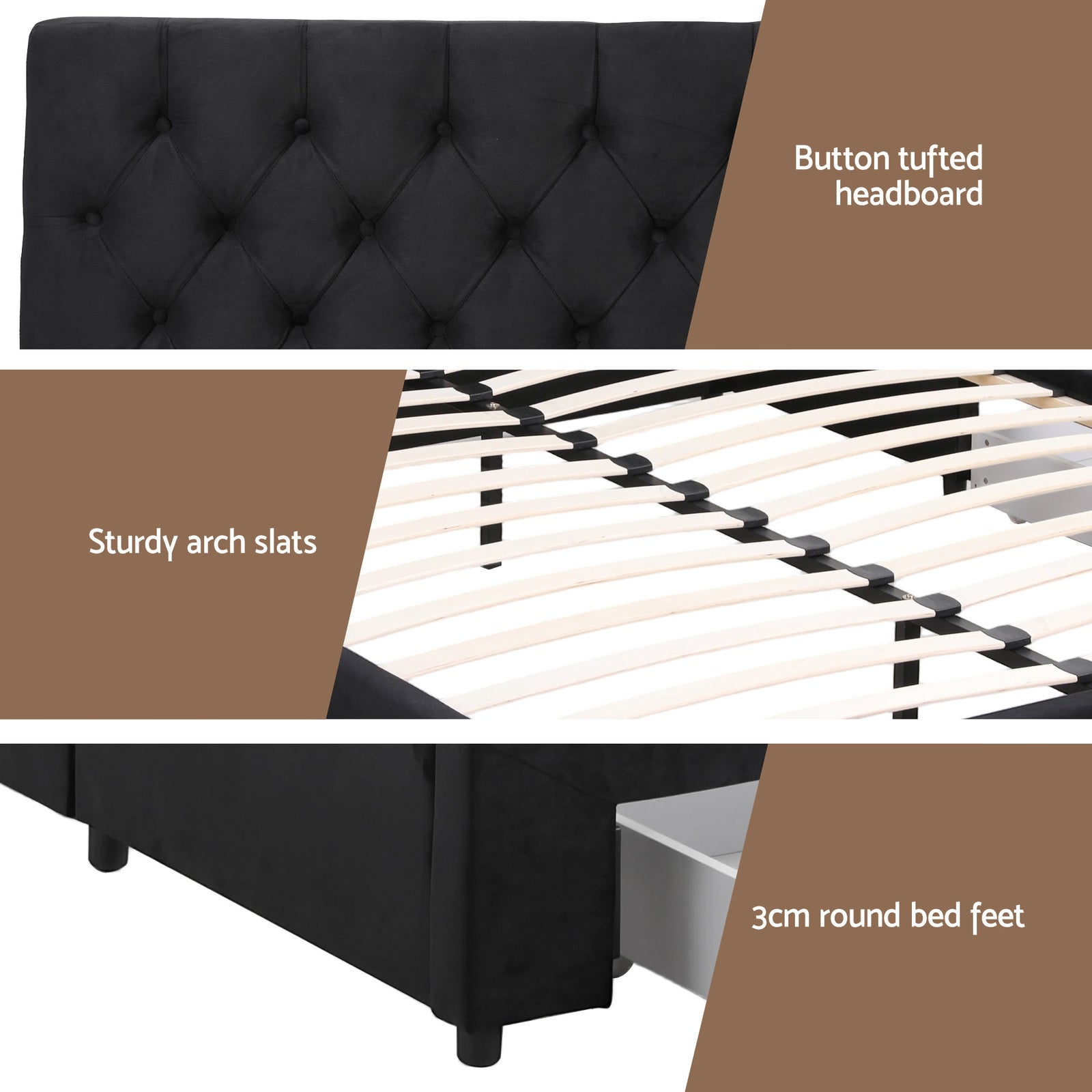 Double Bed Frame Storage Charging Station Upholstered 3 Drawers USB Type-C