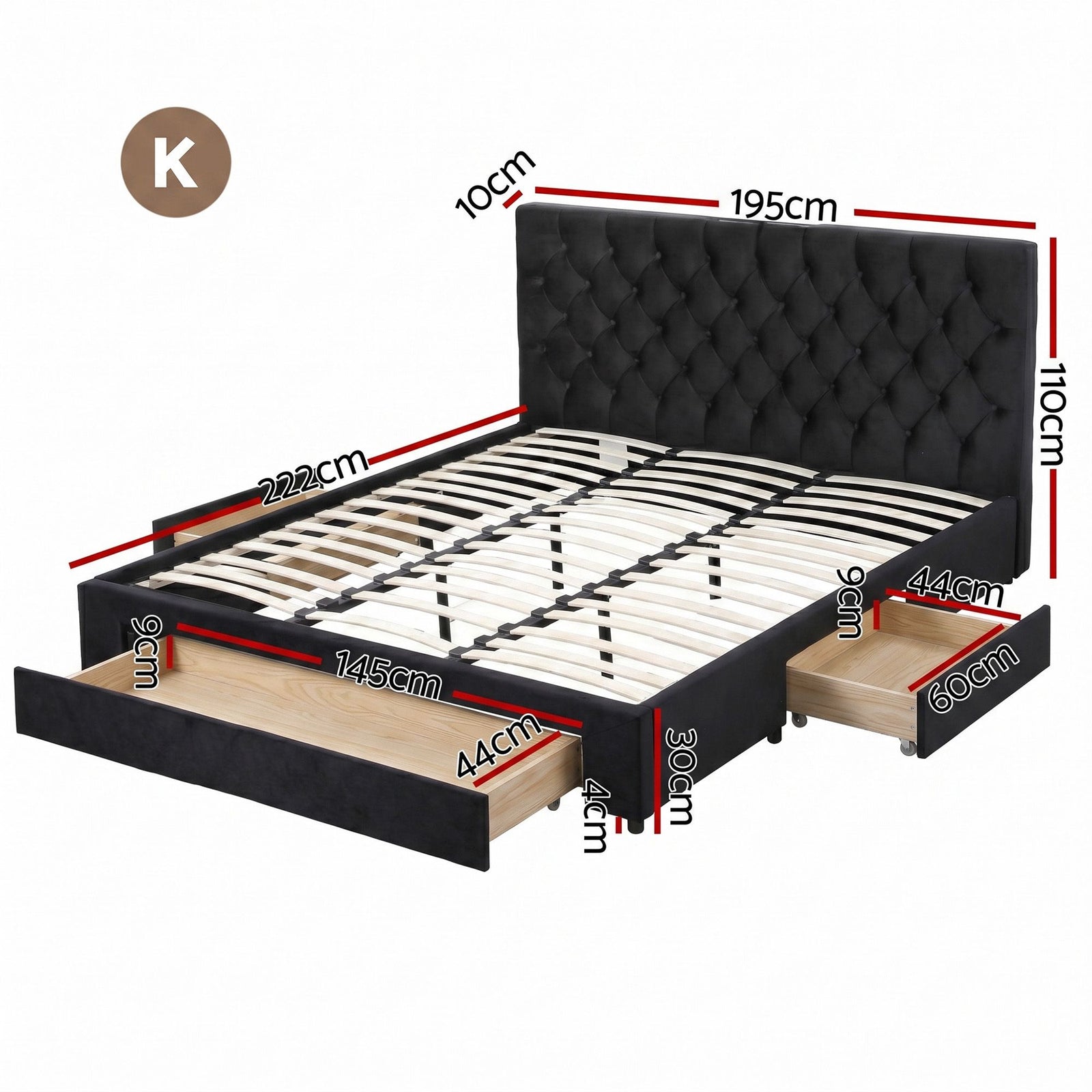 King Bed Frame Storage Charging Station Upholstered 3 Drawers USB Type-C