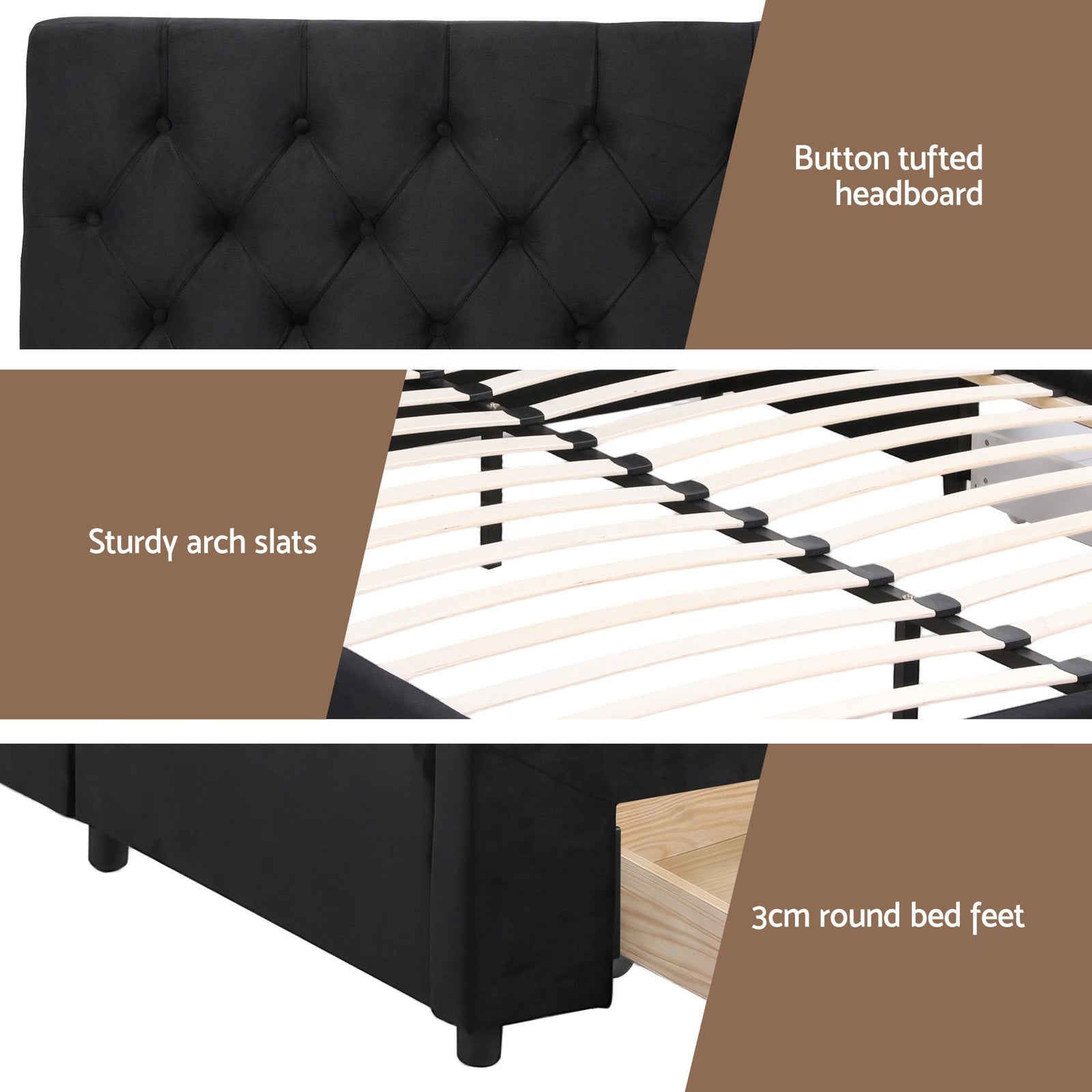 King Bed Frame Storage Charging Station Upholstered 3 Drawers USB Type-C