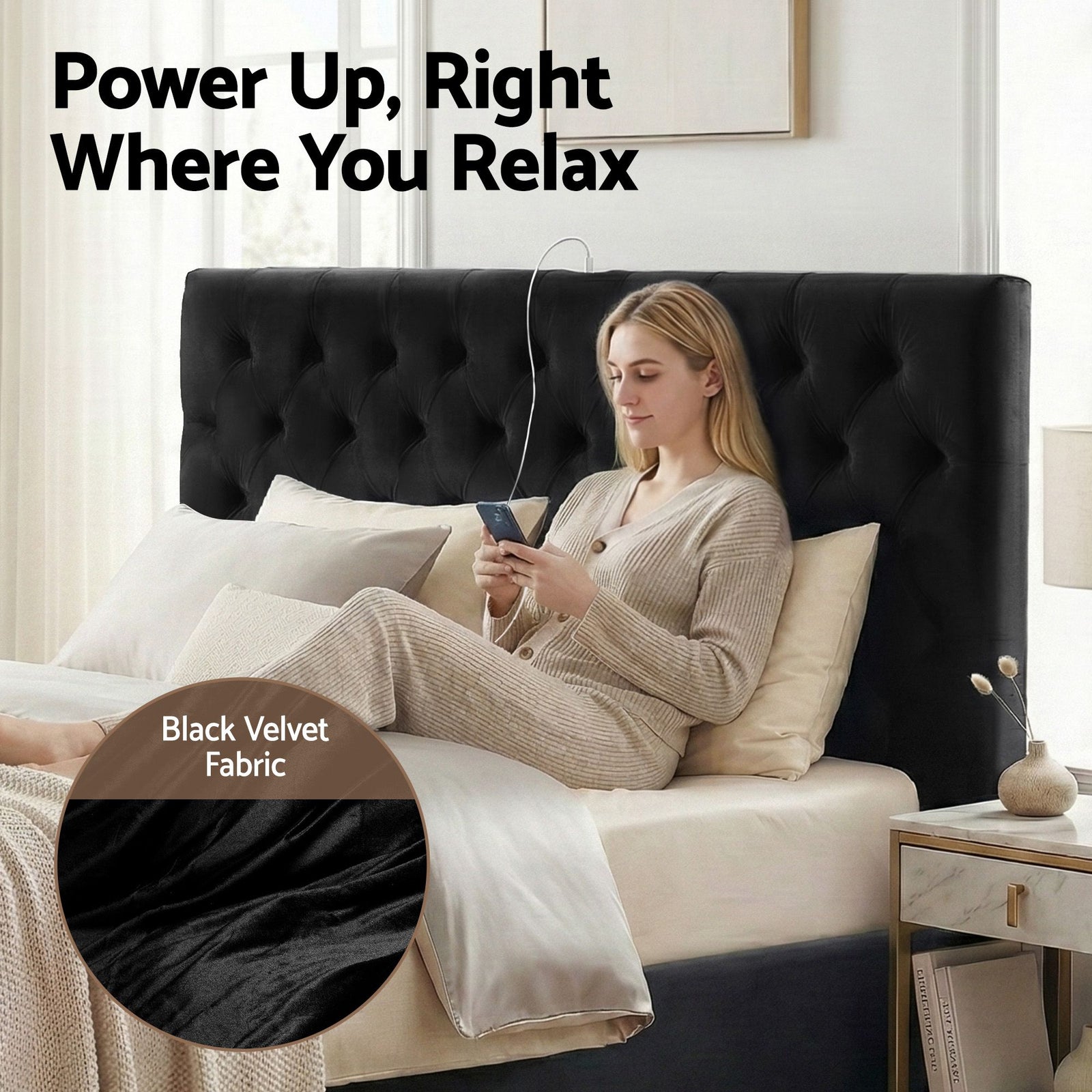 King Bed Frame Storage Charging Station Upholstered 3 Drawers USB Type-C