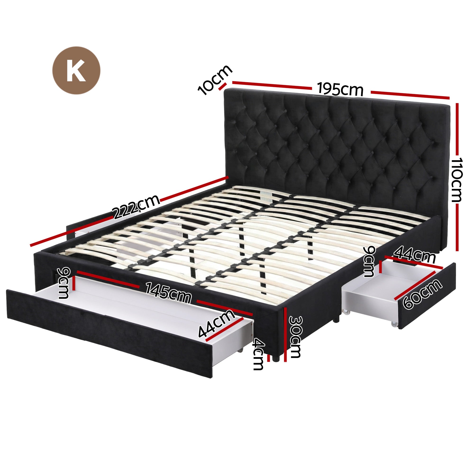 King Bed Frame Storage Charging Station Upholstered 3 Drawers USB Type-C