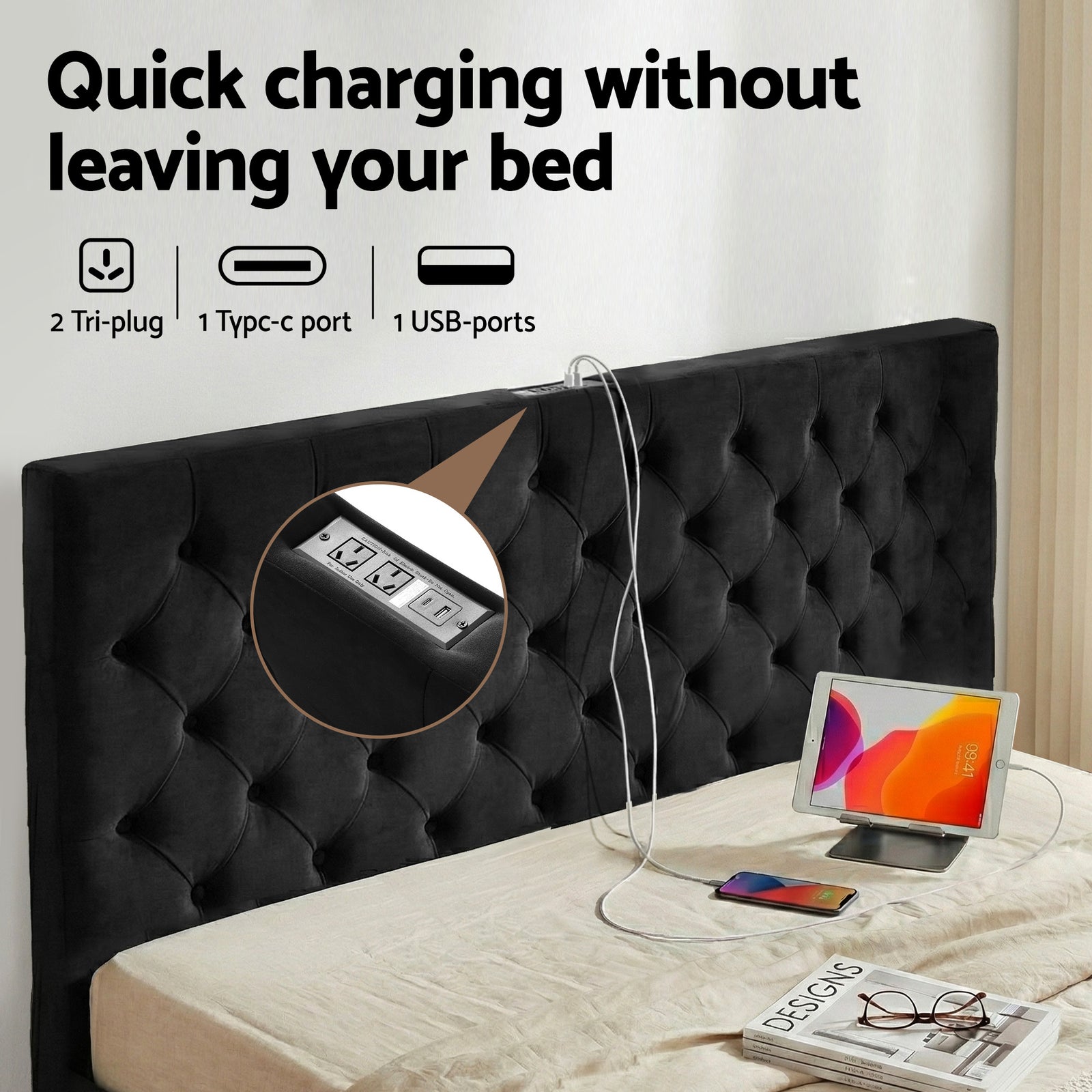 King Bed Frame Storage Charging Station Upholstered 3 Drawers USB Type-C