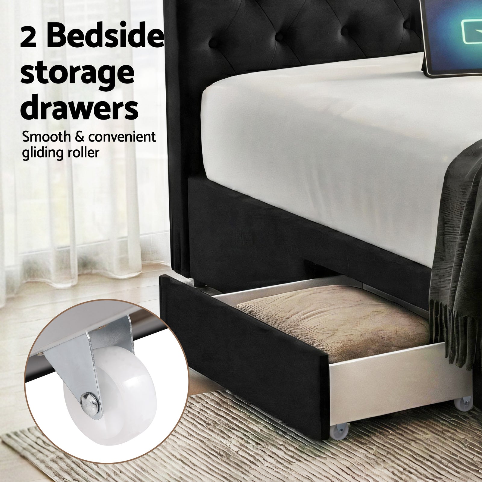 King Bed Frame Storage Charging Station Upholstered 3 Drawers USB Type-C