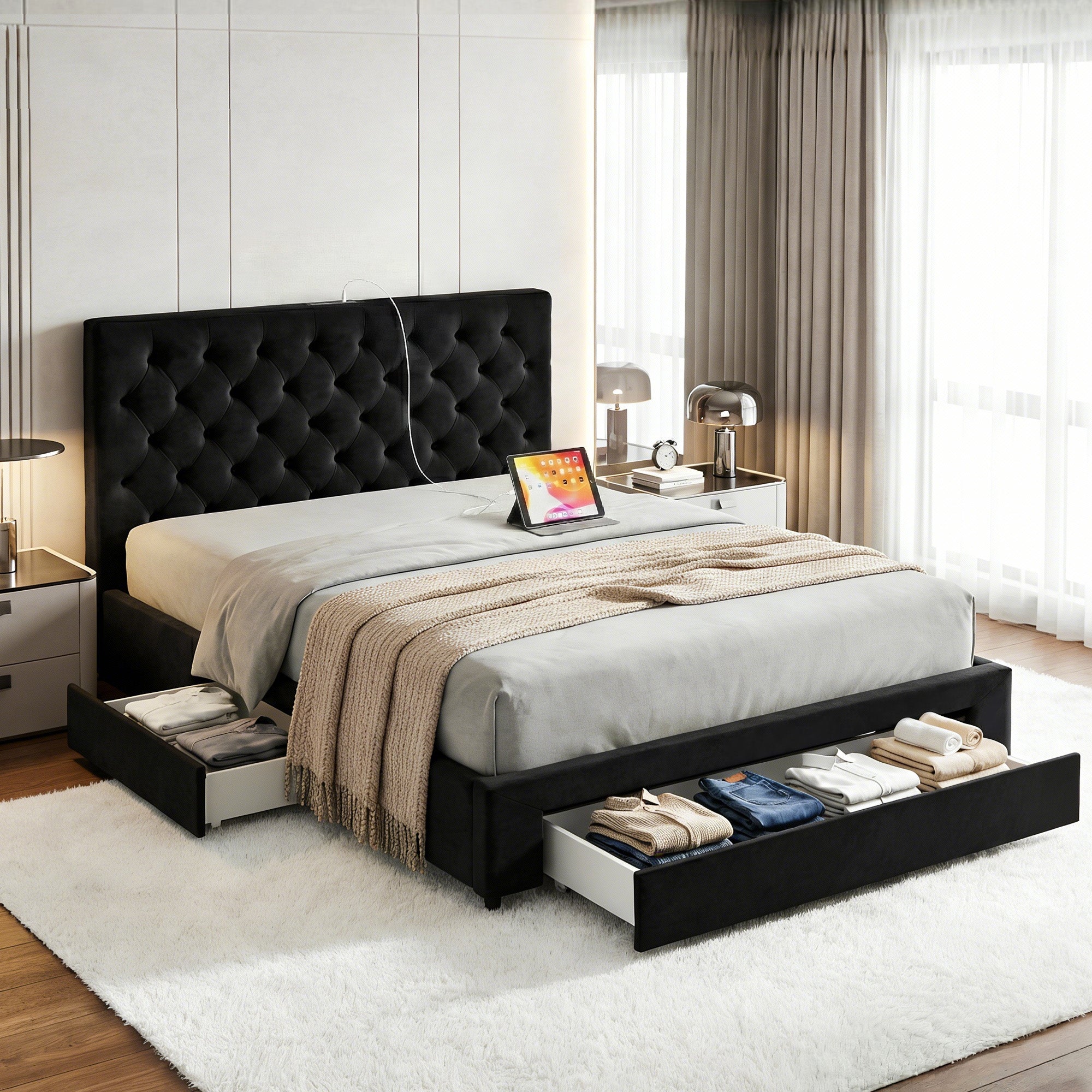 Queen Bed Frame Storage Charging Station Upholstered 3 Drawers USB Type-C