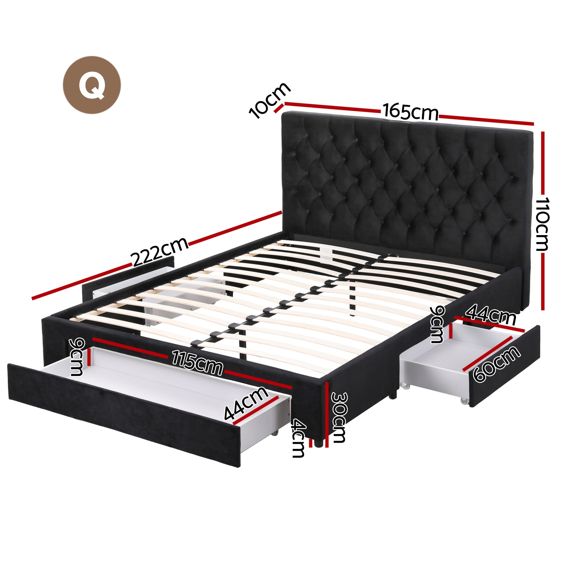 Queen Bed Frame Storage Charging Station Upholstered 3 Drawers USB Type-C