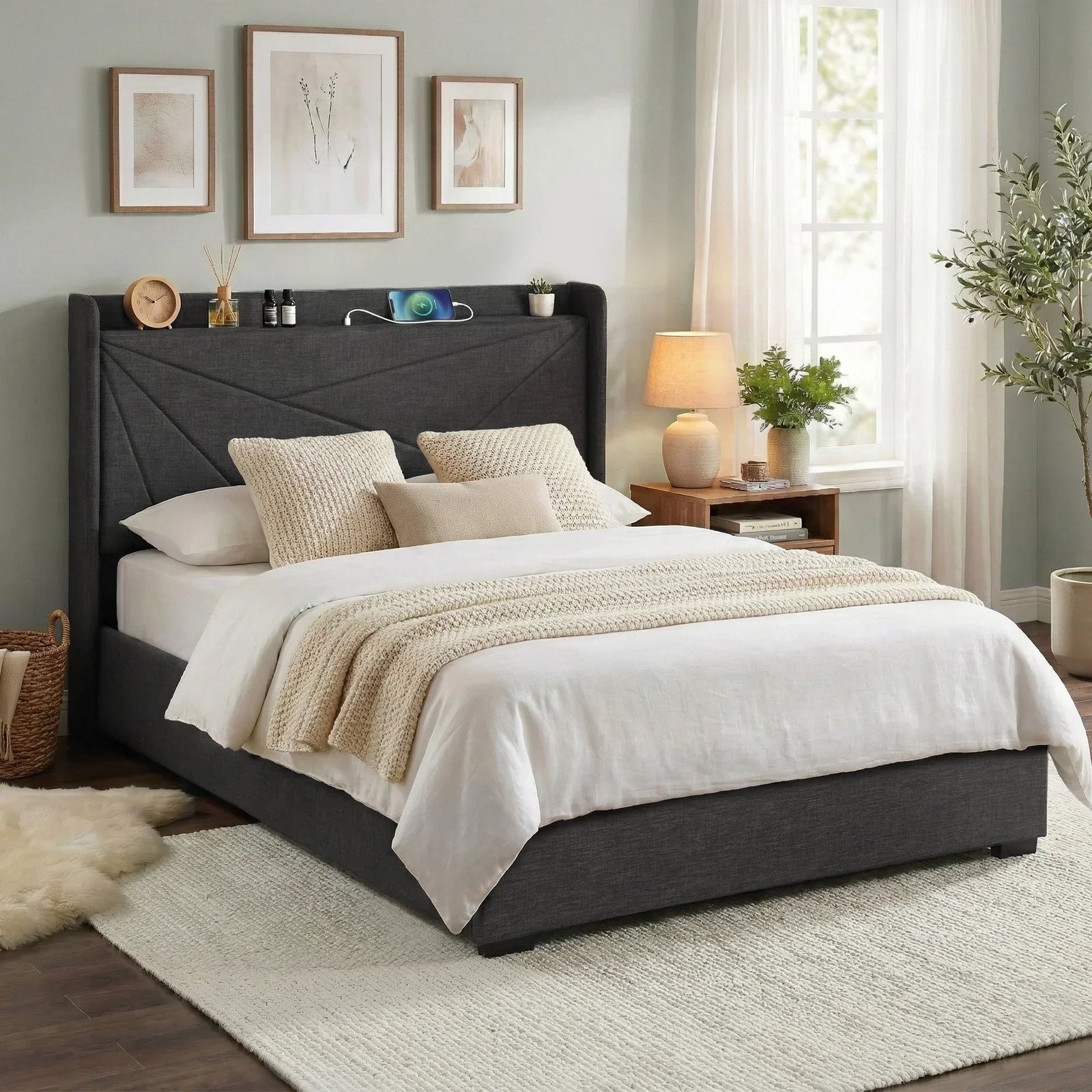 Double Bed Frame Gas Lift Storage Bed with Charging Ports Upholstered Geometric Headboard Charcoal Grey