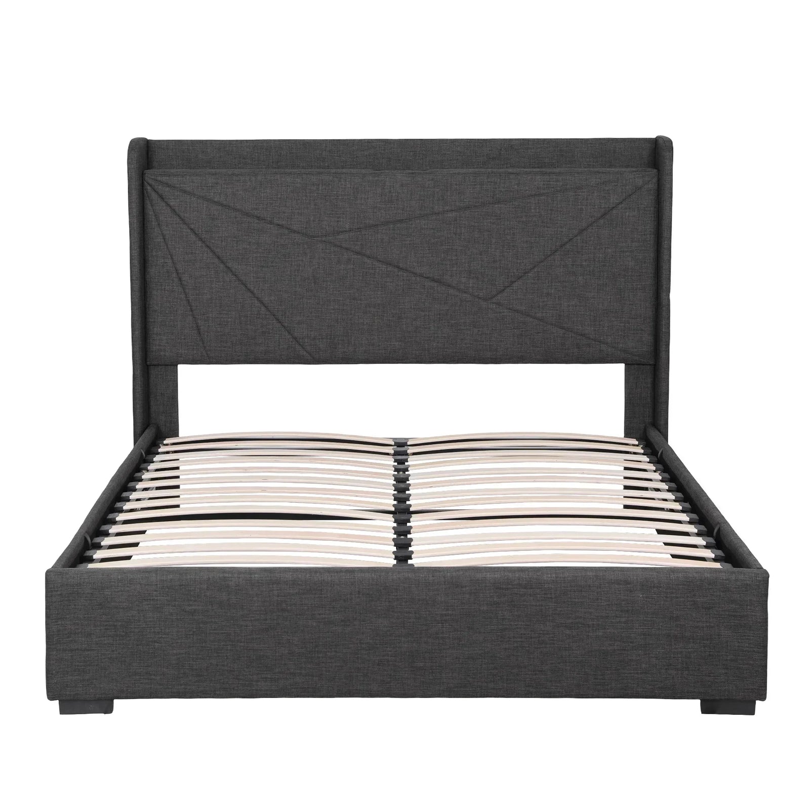 Double Bed Frame Gas Lift Storage Bed with Charging Ports Upholstered Geometric Headboard Charcoal Grey