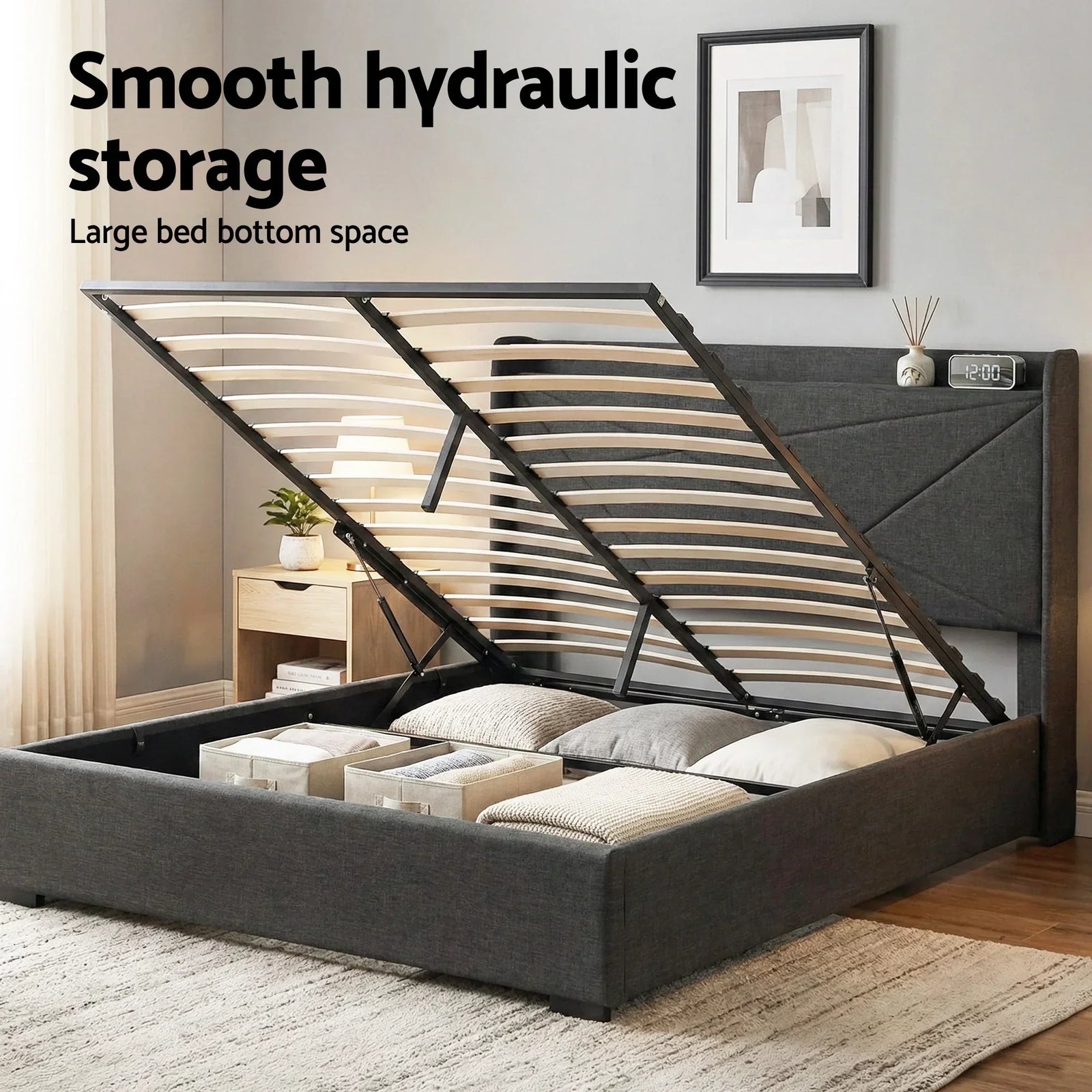 Double Bed Frame Gas Lift Storage Bed with Charging Ports Upholstered Geometric Headboard Charcoal Grey
