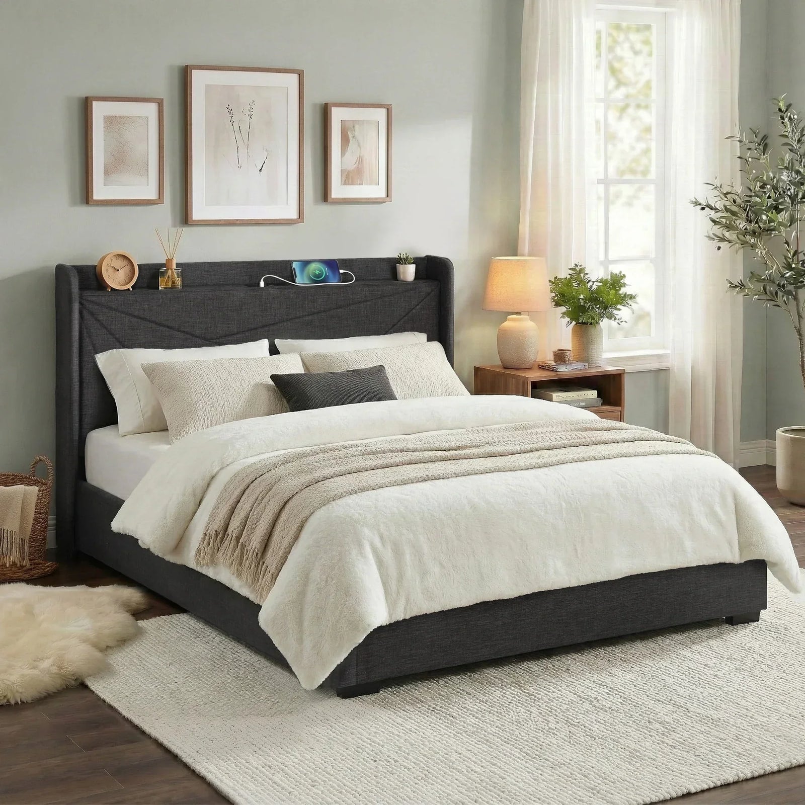 King Bed Frame Gas Lift Storage Bed with Charging Ports Upholstered Geometric Headboard Charcoal Grey