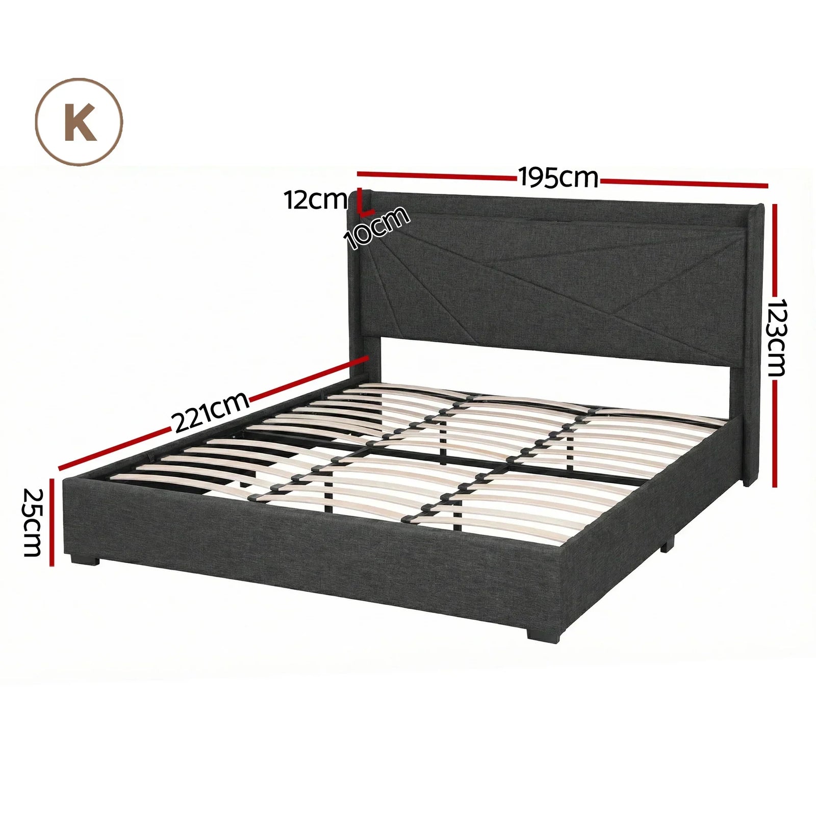 King Bed Frame Gas Lift Storage Bed with Charging Ports Upholstered Geometric Headboard Charcoal Grey