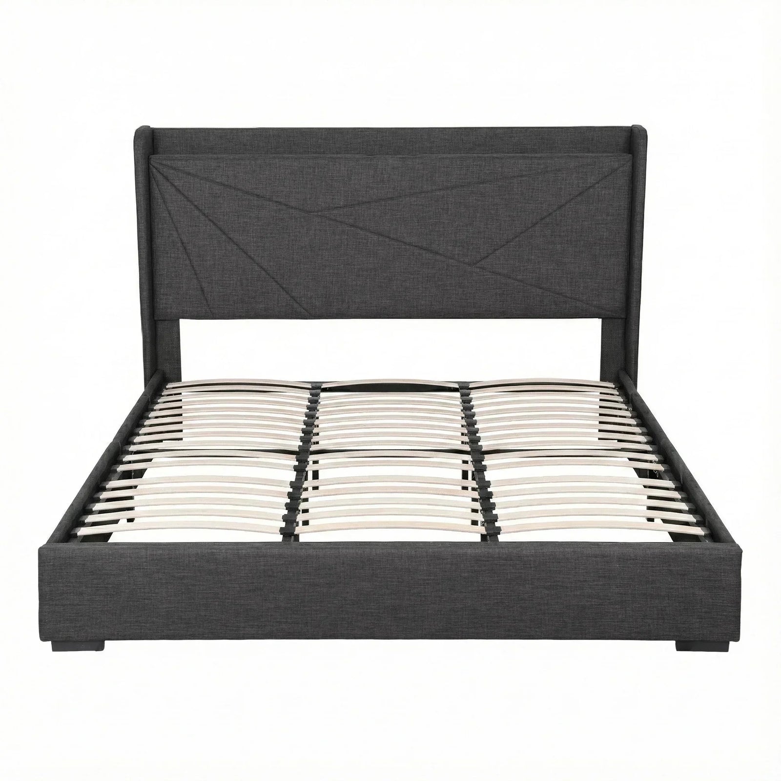 King Bed Frame Gas Lift Storage Bed with Charging Ports Upholstered Geometric Headboard Charcoal Grey