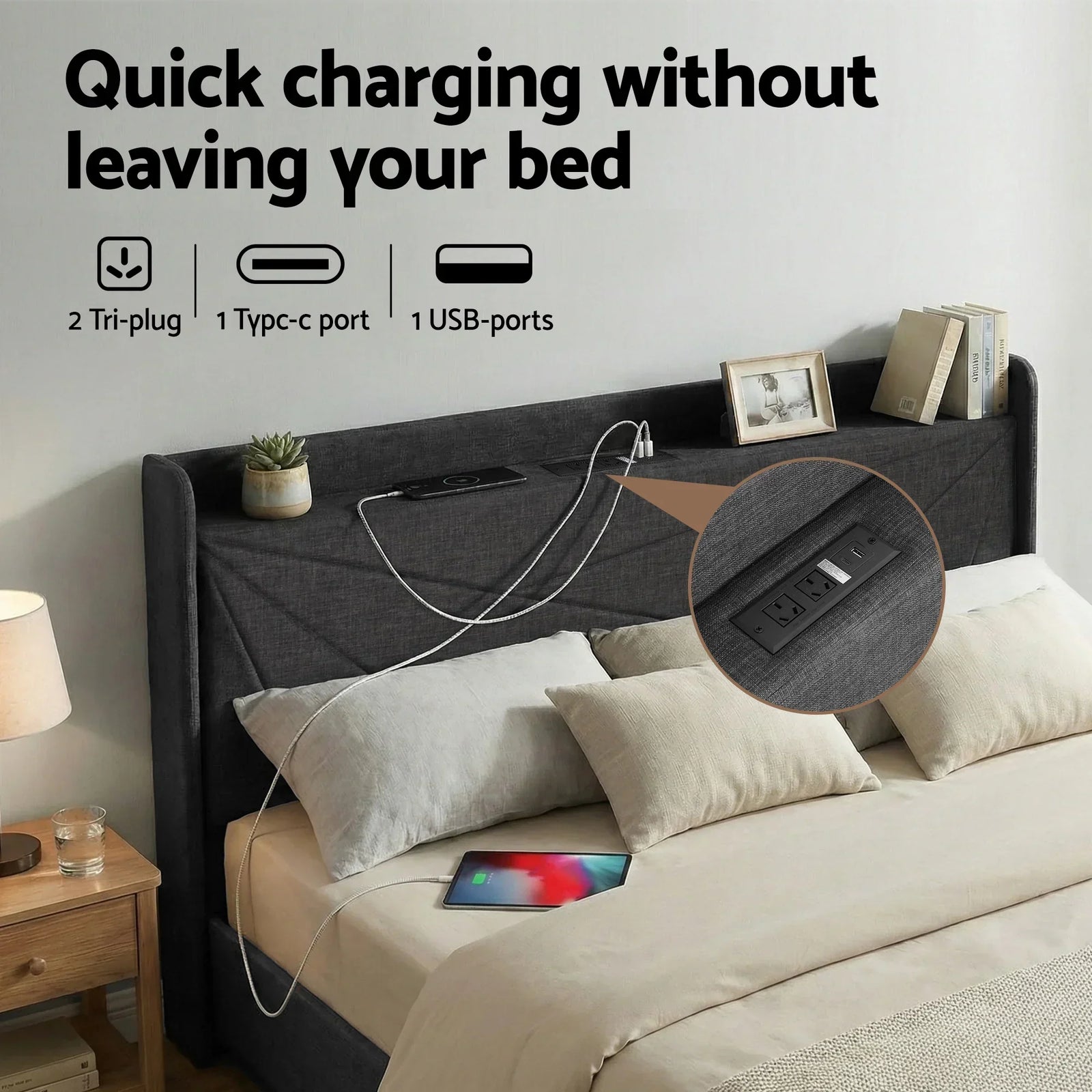 King Bed Frame Gas Lift Storage Bed with Charging Ports Upholstered Geometric Headboard Charcoal Grey