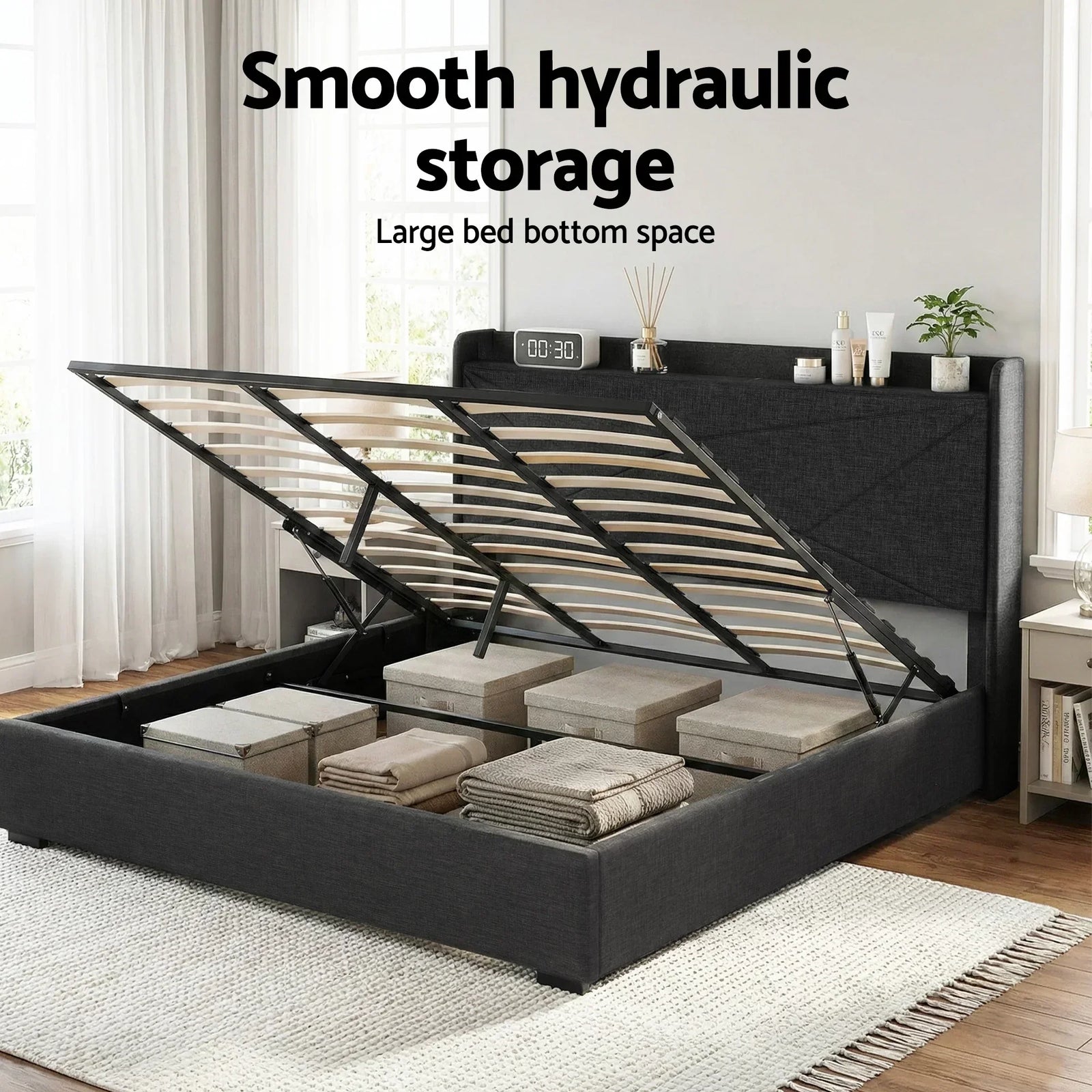 King Bed Frame Gas Lift Storage Bed with Charging Ports Upholstered Geometric Headboard Charcoal Grey