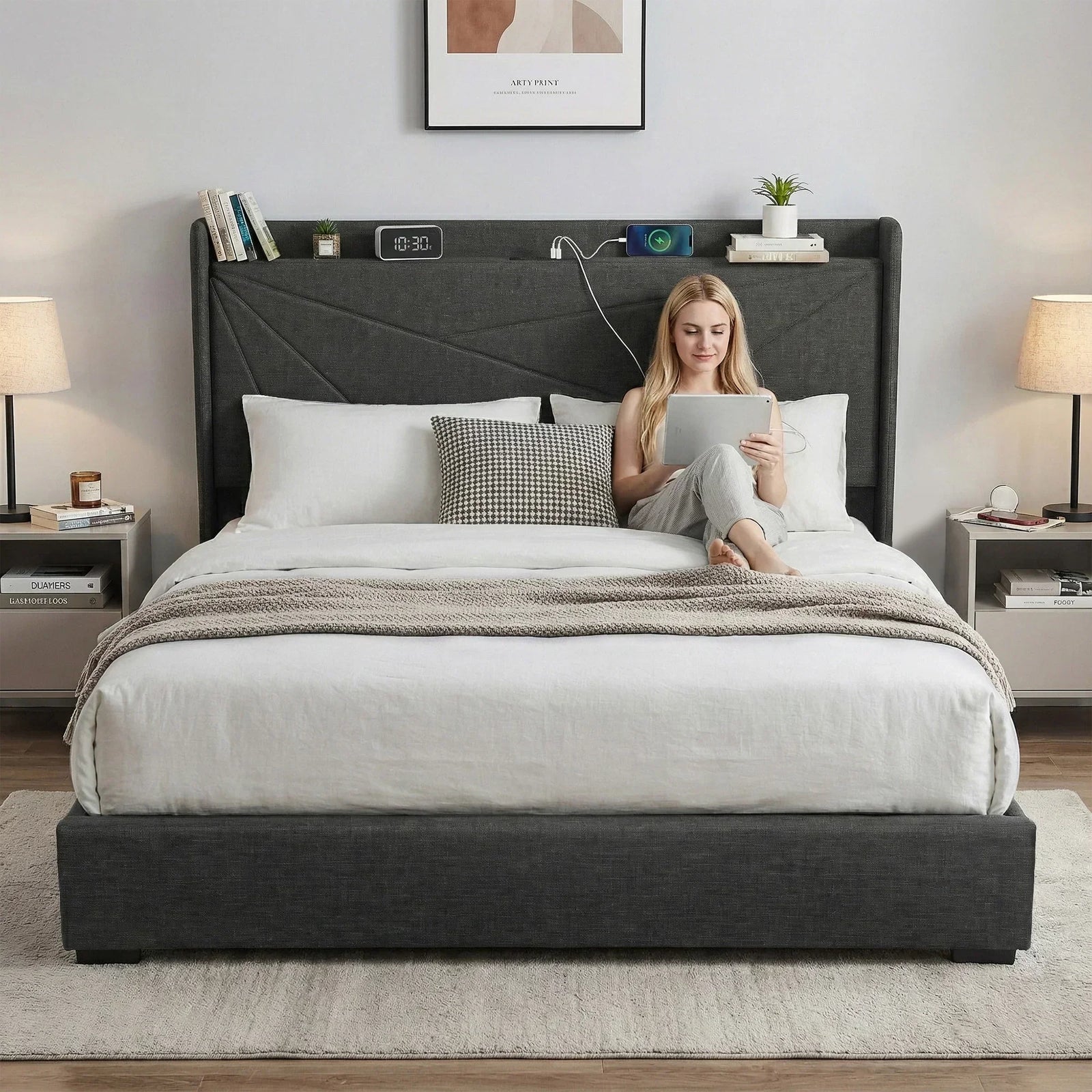 King Bed Frame Gas Lift Storage Bed with Charging Ports Upholstered Geometric Headboard Charcoal Grey
