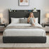 King Bed Frame Gas Lift Storage Bed with Charging Ports Upholstered Geometric Headboard Charcoal Grey