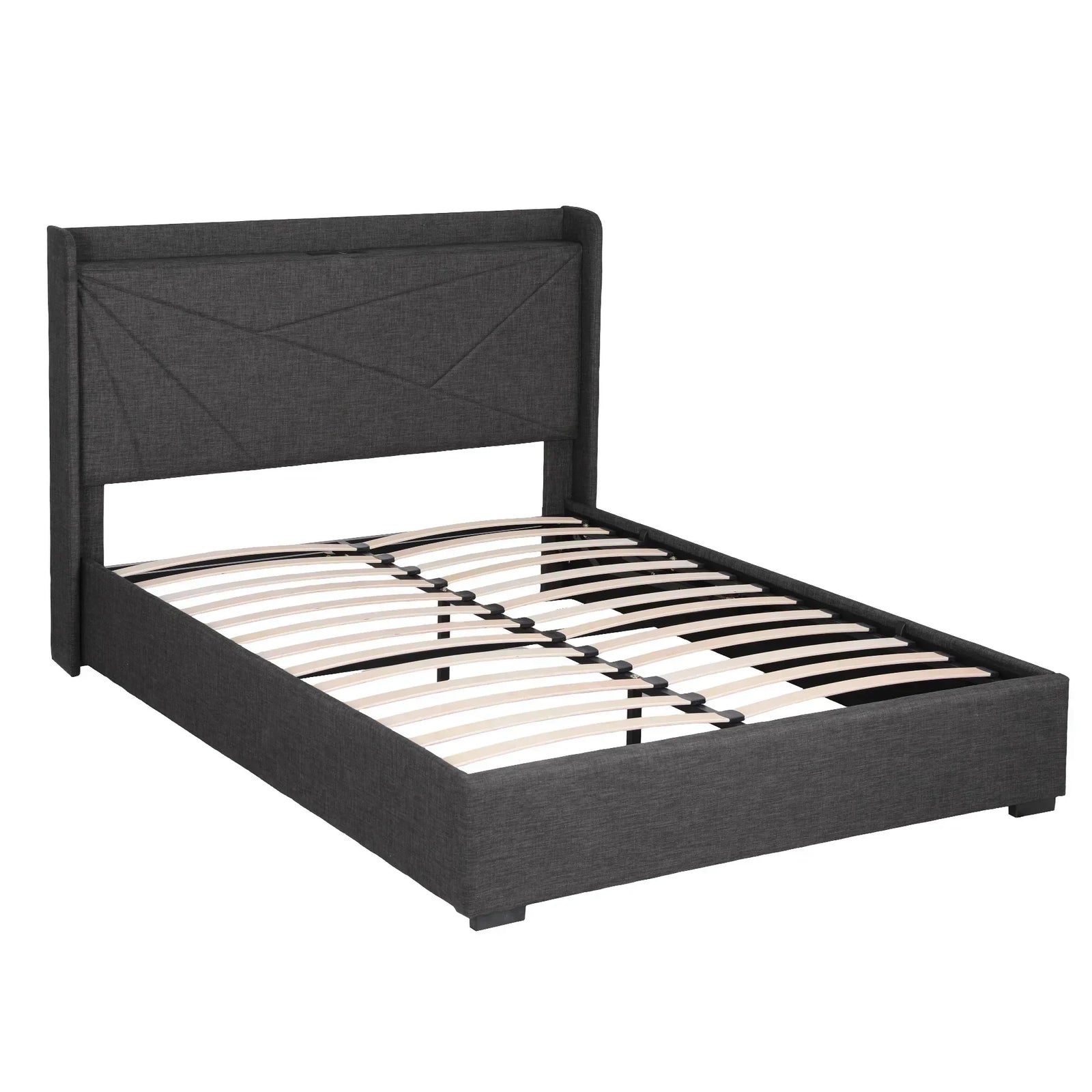 Queen Bed Frame Gas Lift Storage Bed with Charging Ports Upholstered Geometric Headboard Charcoal Grey
