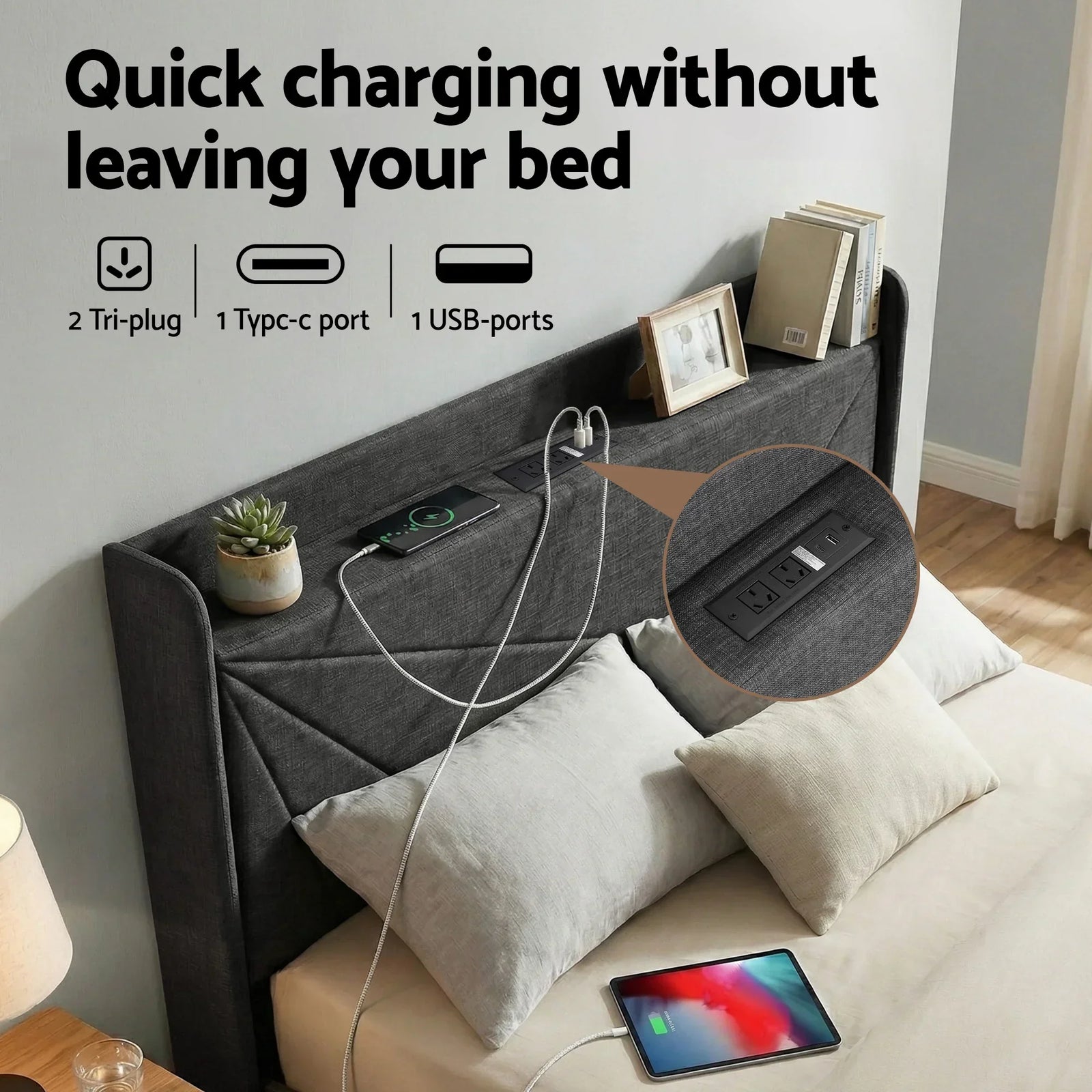 Queen Bed Frame Gas Lift Storage Bed with Charging Ports Upholstered Geometric Headboard Charcoal Grey