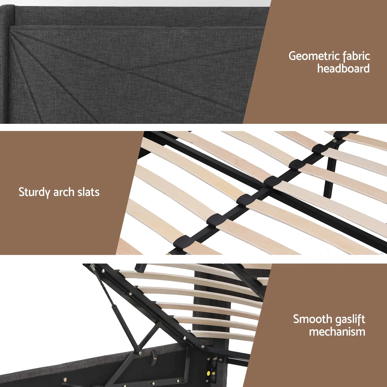 Queen Bed Frame Gas Lift Storage Bed with Charging Ports Upholstered Geometric Headboard Charcoal Grey