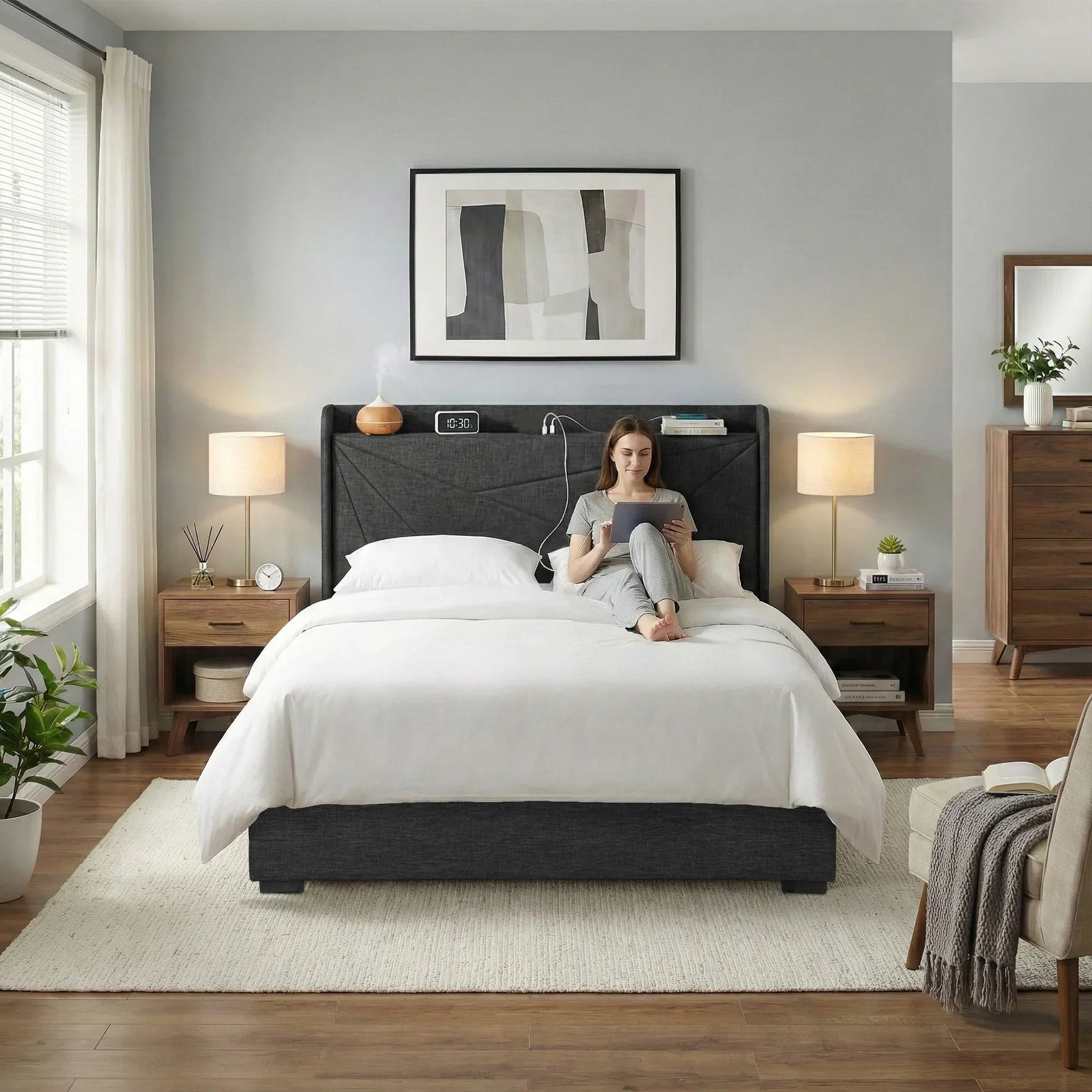 Queen Bed Frame Gas Lift Storage Bed with Charging Ports Upholstered Geometric Headboard Charcoal Grey