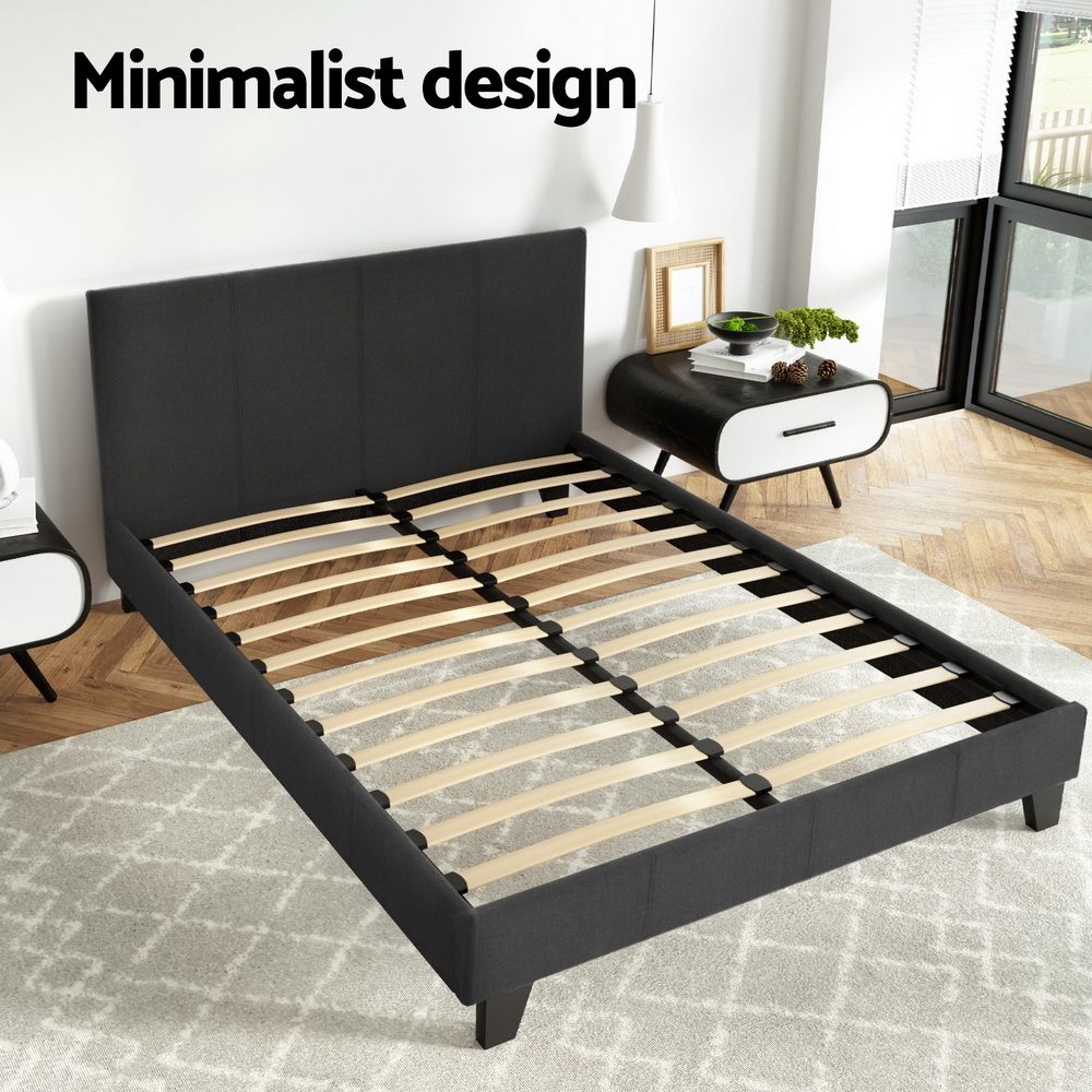 Double Bed Frame Charcoal Faux Linen Upholstered NEO