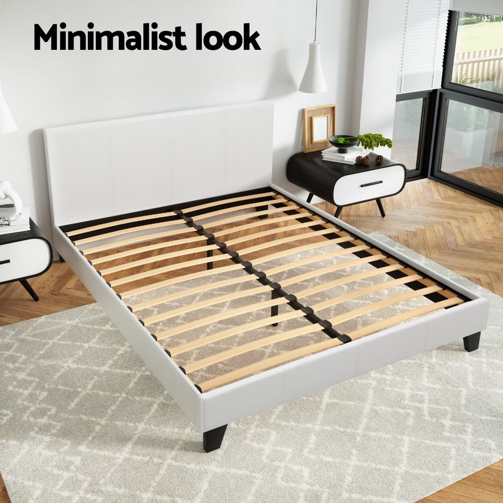 Artiss Queen Bed Frame White PVC Leather Upholstered Neo Bed