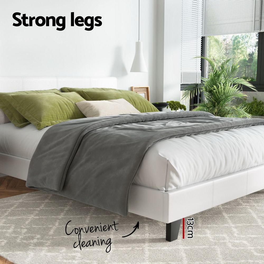 Artiss Queen Bed Frame White PVC Leather Upholstered Neo Bed
