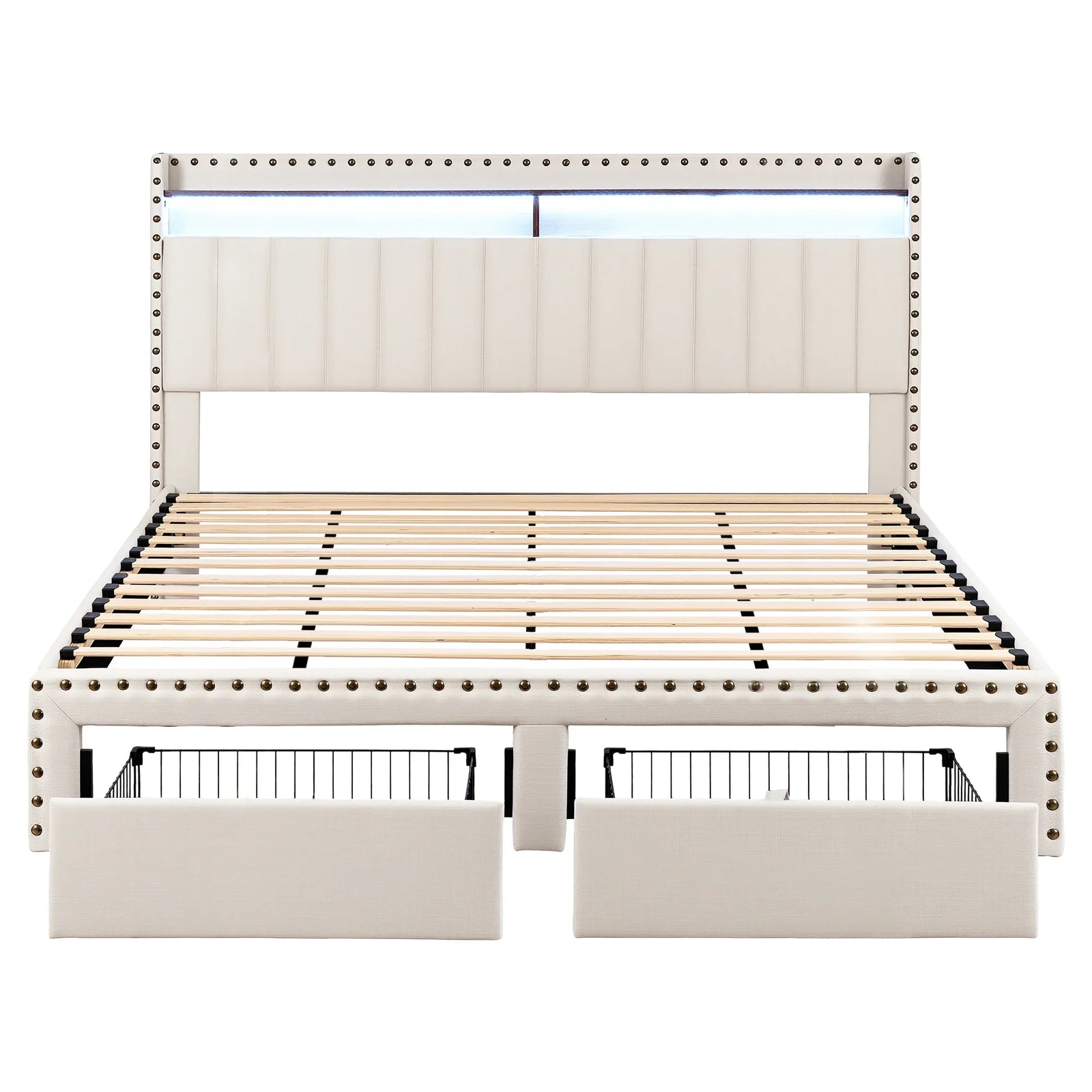 King Upholstered Bed Frame with Shelf Storage Drawers Charging Station Mood Lighting Linen