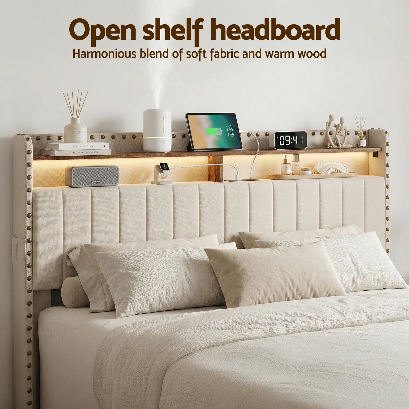King Upholstered Bed Frame with Shelf Storage Drawers Charging Station Mood Lighting Linen