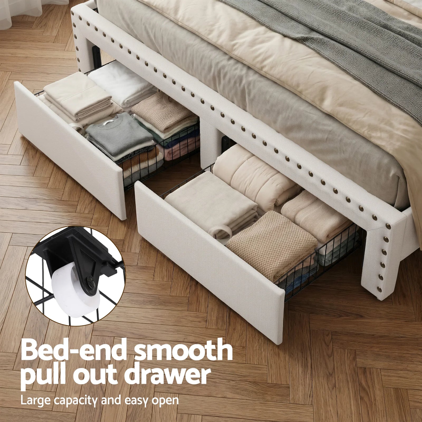 King Upholstered Bed Frame with Shelf Storage Drawers Charging Station Mood Lighting Linen