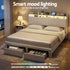 King Upholstered Bed Frame with Shelf Storage Drawers Charging Station Mood Lighting Linen