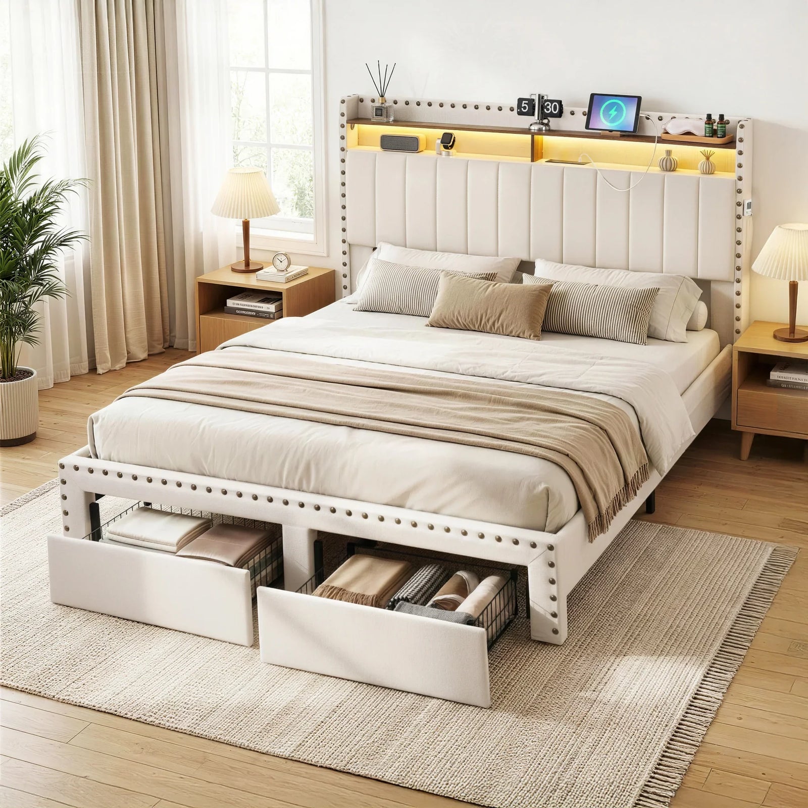 Queen Upholstered Bed Frame with Shelf Storage Drawers Charging Station Mood Lighting Linen