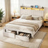 Queen Upholstered Bed Frame with Shelf Storage Drawers Charging Station Mood Lighting Linen