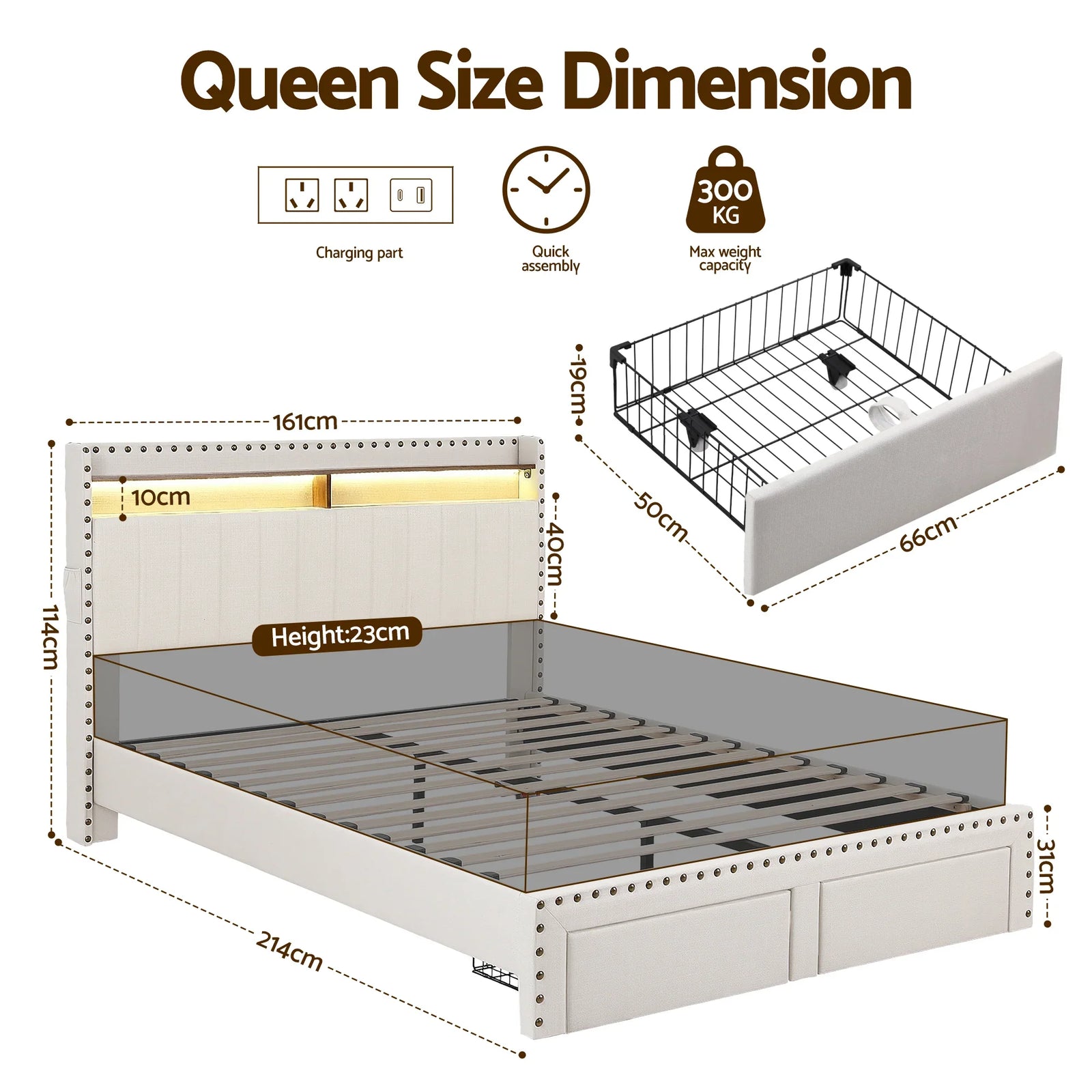 Queen Upholstered Bed Frame with Shelf Storage Drawers Charging Station Mood Lighting Linen