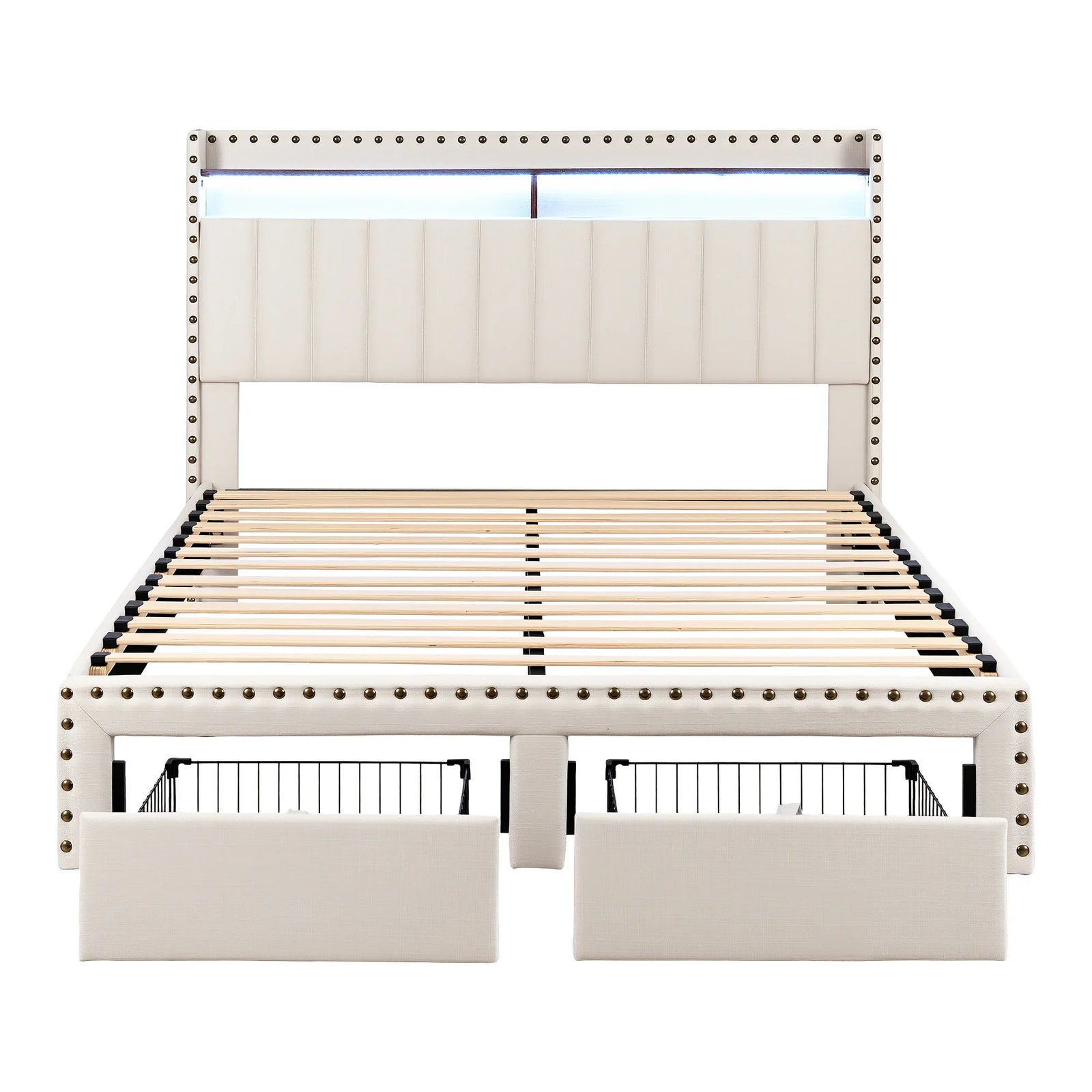 Queen Upholstered Bed Frame with Shelf Storage Drawers Charging Station Mood Lighting Linen