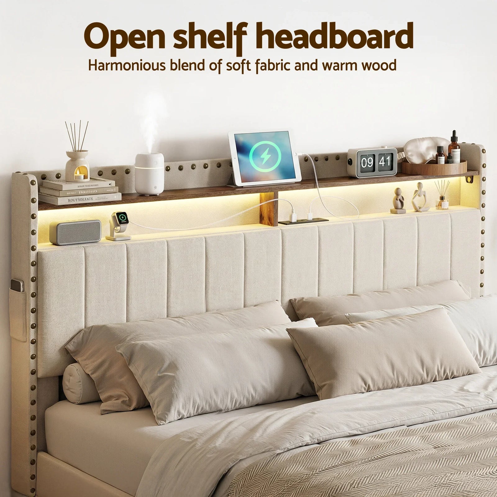 Queen Upholstered Bed Frame with Shelf Storage Drawers Charging Station Mood Lighting Linen