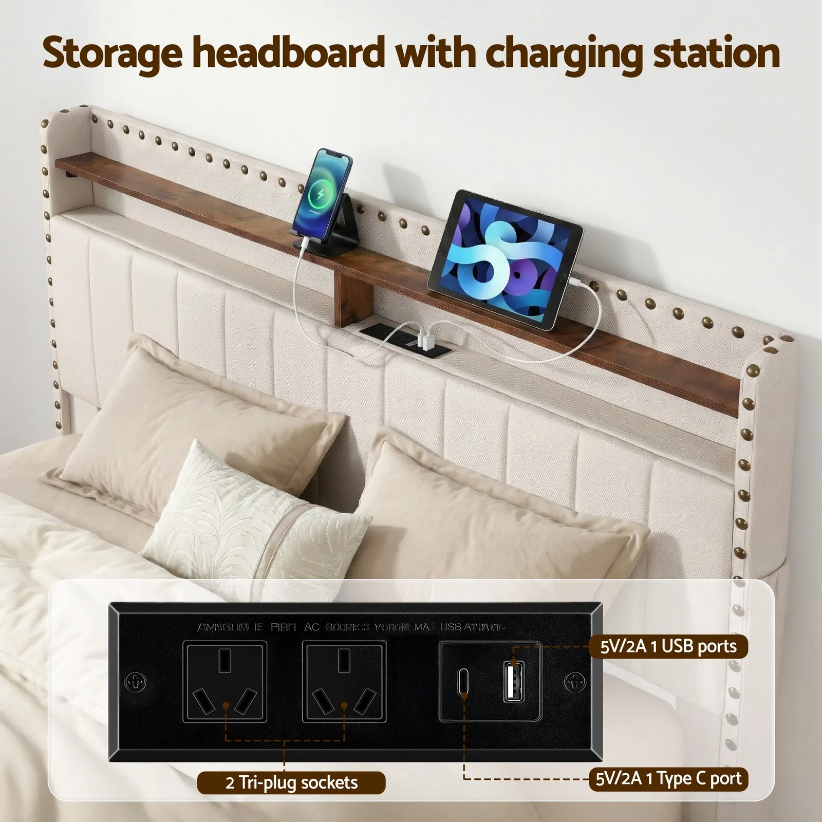Queen Upholstered Bed Frame with Shelf Storage Drawers Charging Station Mood Lighting Linen