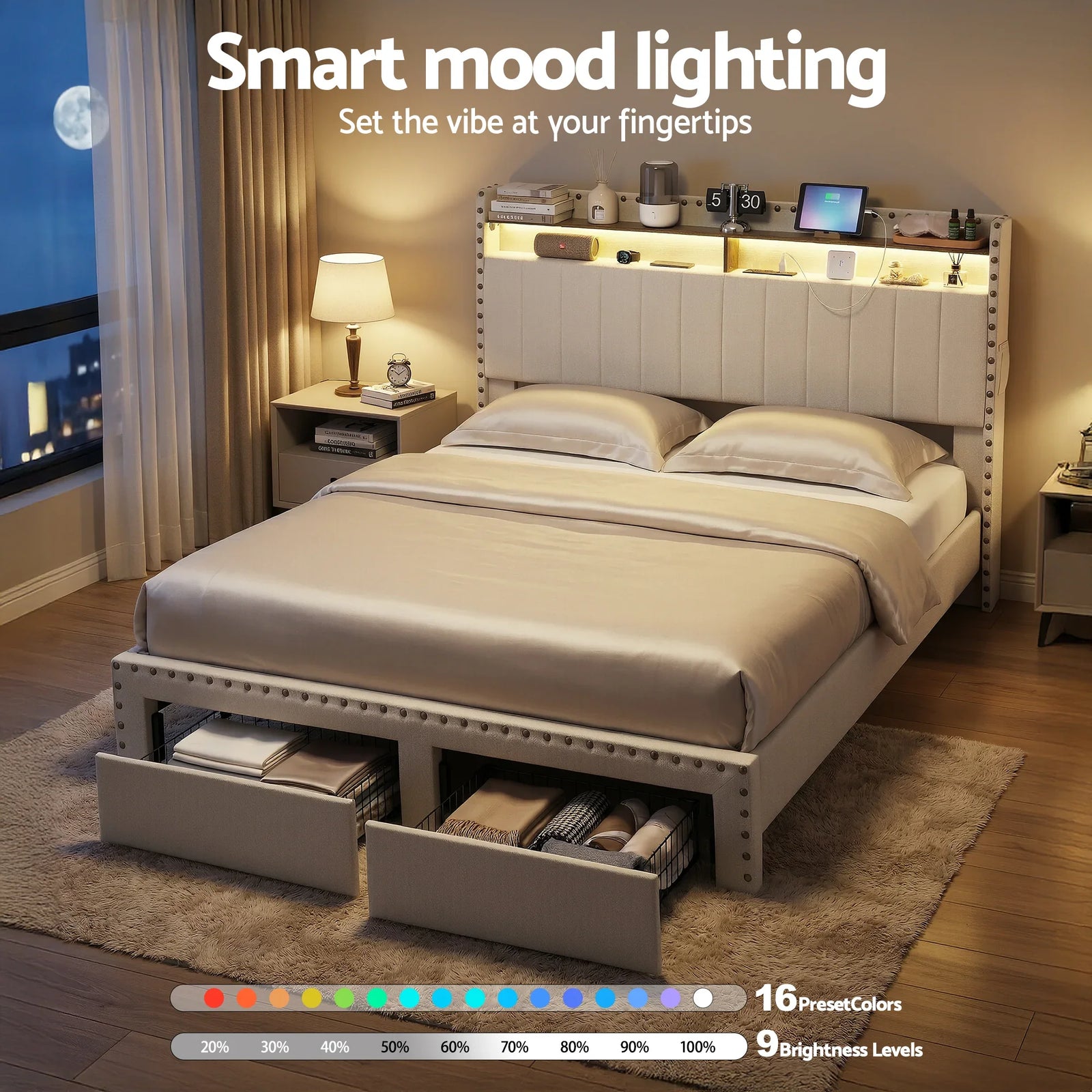 Queen Upholstered Bed Frame with Shelf Storage Drawers Charging Station Mood Lighting Linen