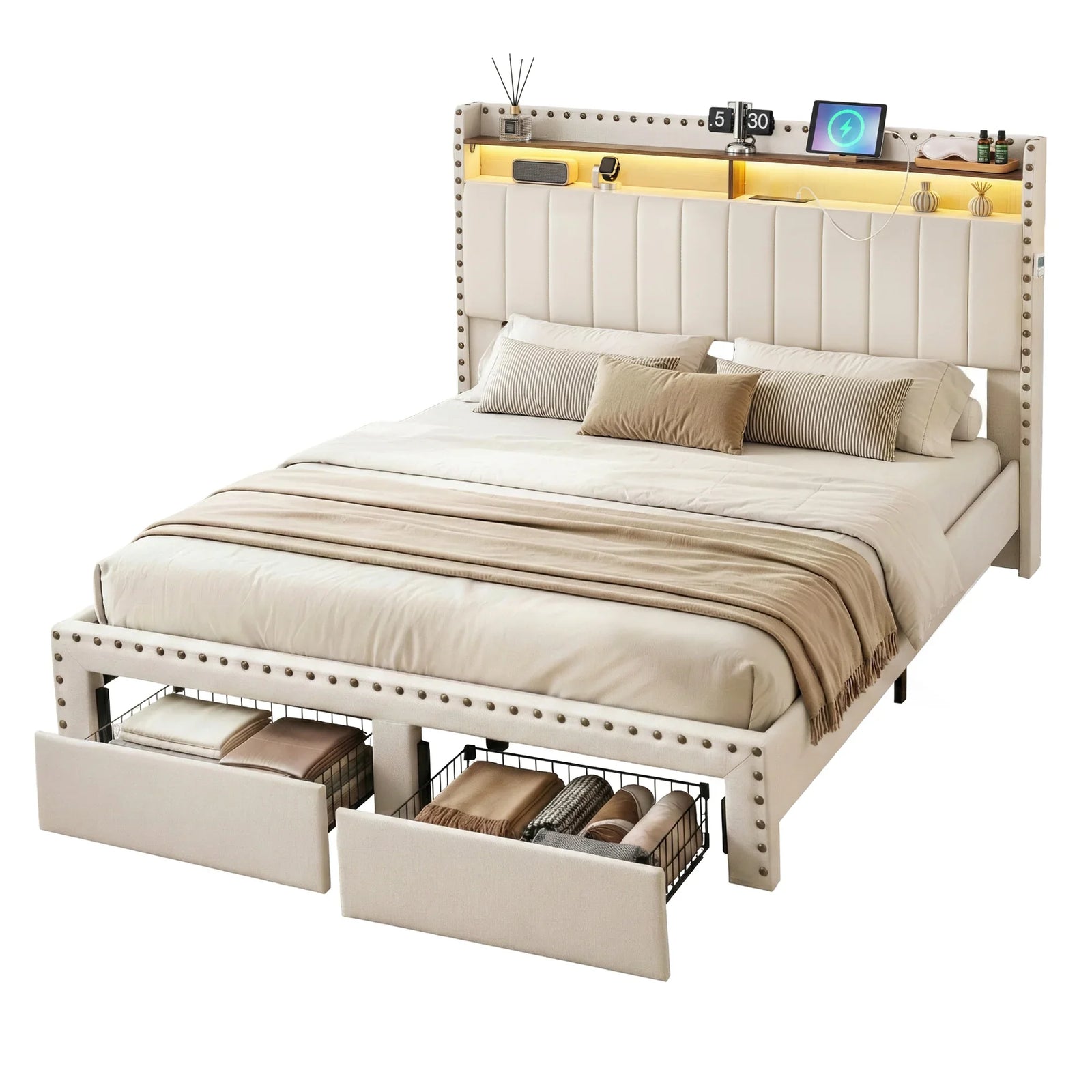 Queen Upholstered Bed Frame with Shelf Storage Drawers Charging Station Mood Lighting Linen