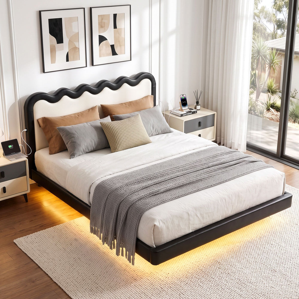 Artiss Double Floating Bed Frame RGB LED Lights USB-C Charging Wood Slats Black