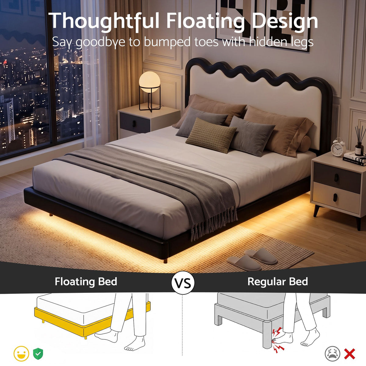 Artiss Double Floating Bed Frame RGB LED Lights USB-C Charging Wood Slats Black
