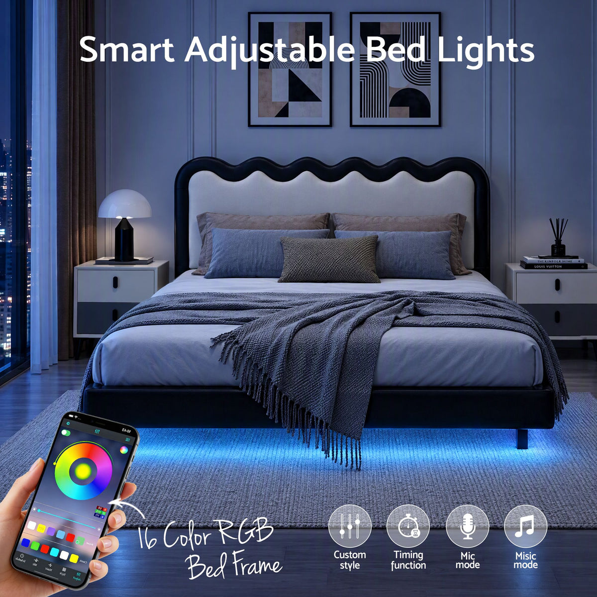 Artiss Double Floating Bed Frame RGB LED Lights USB-C Charging Wood Slats Black