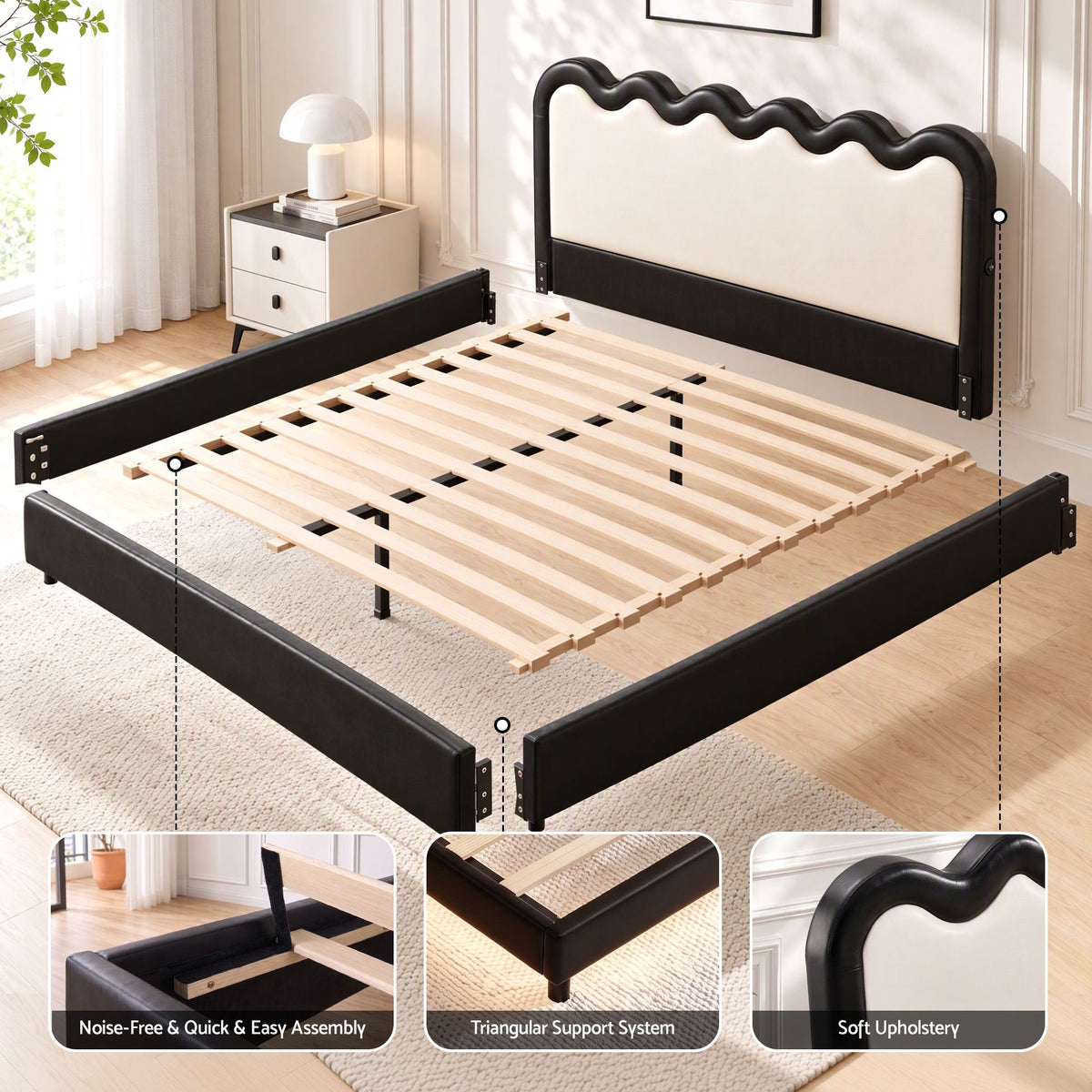 Artiss Double Floating Bed Frame RGB LED Lights USB-C Charging Wood Slats Black